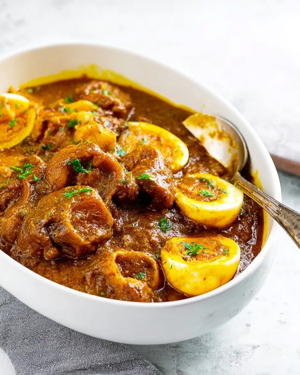A white bowl is filled with thick brown stew that covers several pieces of meat and halved boiled eggs, the eggs showing bright yellow yolks. The sauce looks textured with bits of onion or spices visible throughout, slightly glossy and rich. Some green herb bits are scattered on top adding a touch of color. A silver spoon rests on the edge of the bowl, all placed on a white marbled surface with a softly blurred light background. photo taken with an iphone --ar 4:5 --v 7