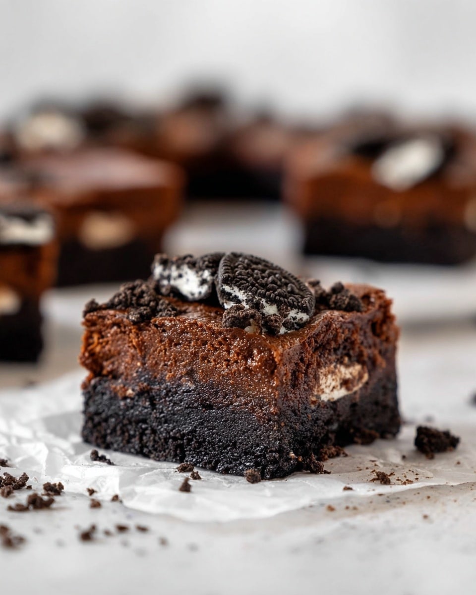 The image shows a thick square brownie placed on white crumpled paper with a white marbled background. The brownie has three visible layers: the bottom layer is a dark, crumbly cookie crust, the middle layer is dense, rich dark chocolate cake, and the top layer is rough pieces of crushed chocolate cookies with white cream filling scattered on top. Crumbs are scattered around the brownie on the paper, with more brownies blurred in the background. Photo taken with an iphone --ar 4:5 --v 7