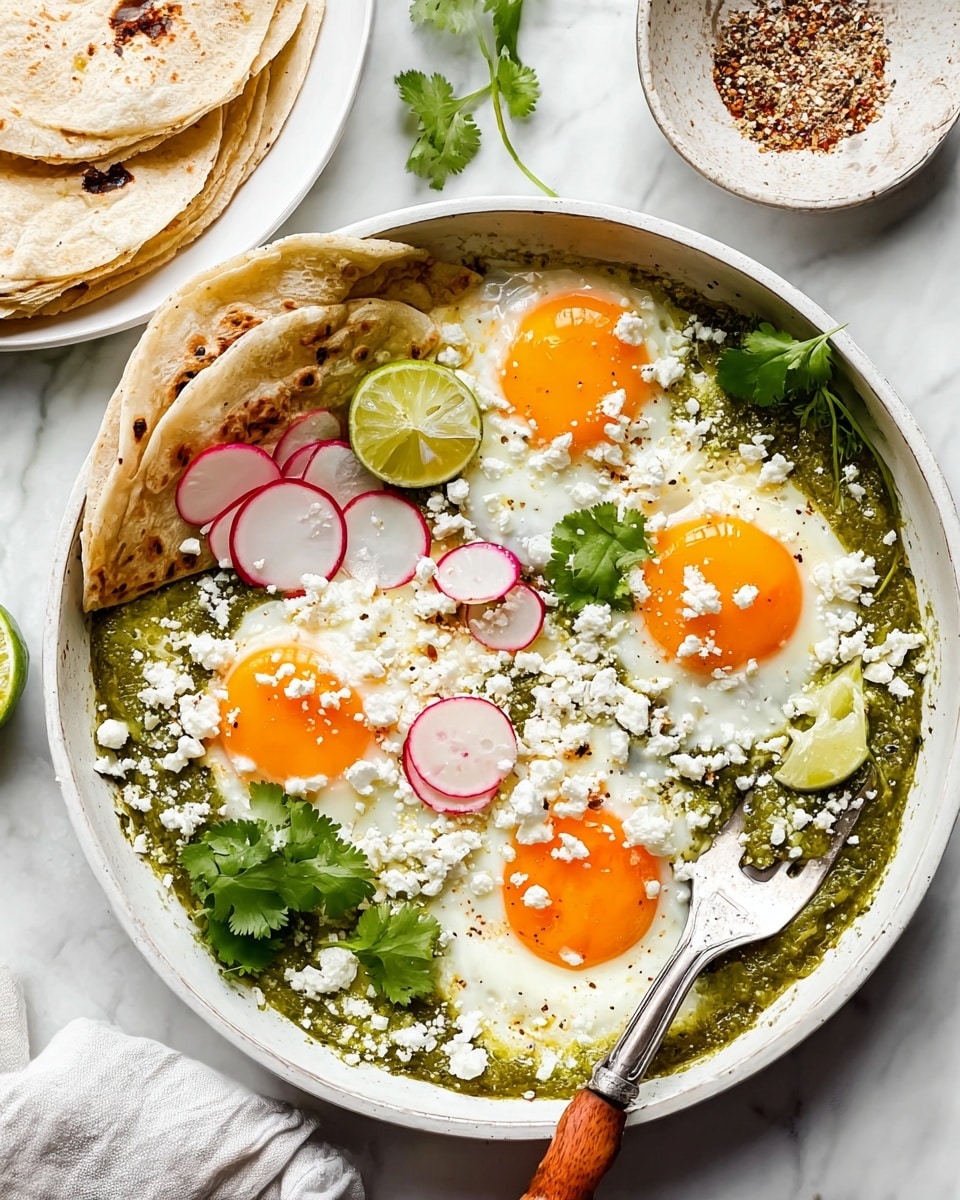 A white bowl filled with four sunny side up eggs with bright orange yolks on a thick green salsa base, textured with small bits of herbs and peppers; the eggs are sprinkled with small white crumbles of cheese and thin red radish slices scattered on top. On the left edge of the bowl, three folded light toasted corn tortillas are placed. A wedge of lime and fresh green cilantro leaves are spread around the eggs, adding color contrast. A fork with a wooden handle is placed on the bowl edge with a woman's hand holding it. In the background, a white plate holds more tortillas, and a small dish of coarse salt mixed with spices sits on a white marbled surface. photo taken with an iphone --ar 4:5 --v 7