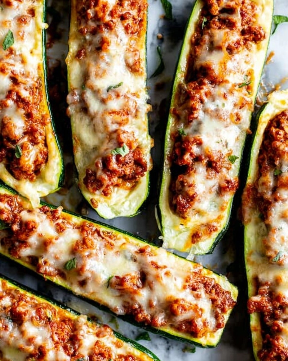 The image shows a tray of zucchini boats filled with a minced meat mixture, topped with melted golden-brown cheese. Each zucchini is sliced lengthwise, hollowed out to form a green shell that holds a rich, reddish-brown cooked meat filling mixed with herbs and small bits of green. The cheese layer on top is bubbly, creamy white with browned spots, spread unevenly across each stuffed zucchini. The background surface is a white marbled texture. photo taken with an iphone --ar 4:5 --v 7