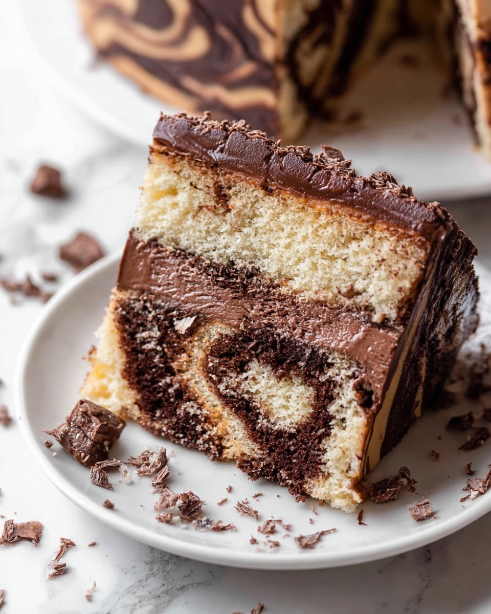 A close-up of a slice of marbled cake on a white plate with a white marbled surface. The cake has two layers of swirled light beige and dark brown cake, creating a marbled pattern inside. Between the cake layers, there is a thin layer of smooth chocolate frosting, and the outside of the slice is fully covered with thick, shiny chocolate frosting. Small chocolate shavings and crumbs are scattered on the plate and surface around the cake slice. Part of the larger cake is visible on the right side, showing the same marbled pattern and chocolate frosting. Photo taken with an iphone --ar 4:5 --v 7