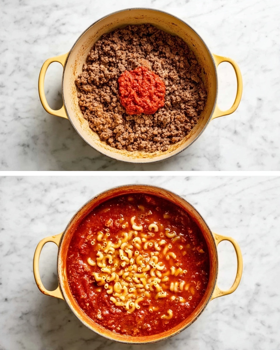 A yellow cooking pot shown from above sitting on a white marbled surface, filled first with cooked ground beef that is crumbly and browned with a dollop of bright red tomato paste in the center on top of the meat; the second image shows the same pot now filled with a rich red tomato sauce with bubbling edges and small elbow macaroni noodles mostly submerged in the sauce in the center photo taken with an iphone --ar 4:5 --v 7
