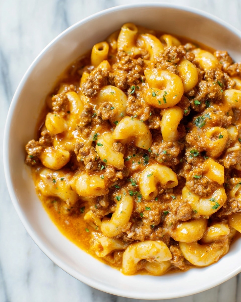 The image shows a close-up of a creamy pasta dish in a white bowl. The dish has two main layers: soft, curved macaroni pasta in a pale yellow color, mixed with small, browned ground meat pieces and bits of translucent cooked onion. The pasta and meat are coated in a thick, rich orange-brown sauce that looks slightly glossy. Small green herb pieces are scattered on top, adding a touch of freshness. The bowl sits on a white marbled surface. photo taken with an iphone --ar 4:5 --v 7