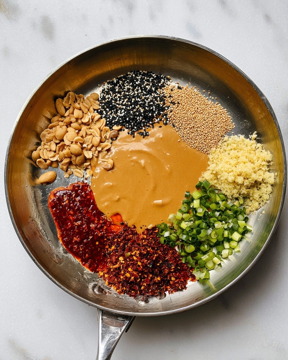 A shiny silver metal pan is shown on a white marbled surface, filled with seven different ingredients arranged in small piles around the pan. In the center is a smooth, creamy light brown sauce with a glossy texture. Starting from the left, there are chopped light brown peanuts with a rough texture, next to a bright red chili oil with a shiny oily surface. Above that is a mix of black and white sesame seeds with a dry, small, and round shape. To the right is finely grated pale yellow ginger with a soft texture. Below the ginger is a dark reddish-brown mix of chili flakes and oil with a textured surface. At the bottom right are chopped green scallions in various shades of green, appearing fresh and crisp. The ingredients' colors and textures contrast well inside the round pan. Photo taken with an iphone --ar 4:5 --v 7
