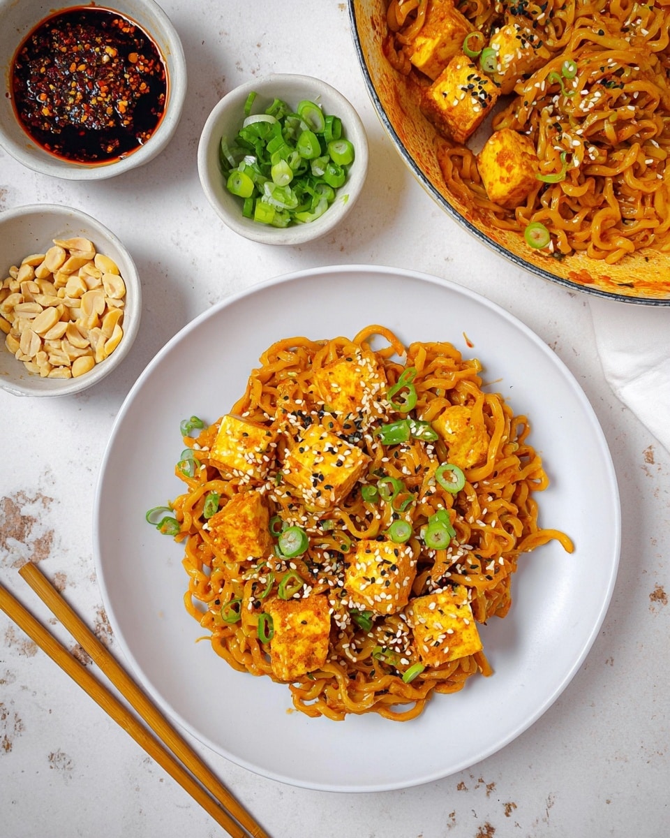 A white plate holds a generous serving of curly noodles mixed with golden tofu cubes, topped with chopped green onions and sprinkled with white and black sesame seeds. The noodles are coated in a glossy, reddish-orange sauce, giving them a rich texture. Above the plate is a white pan filled with more of the same noodle dish, and to the left, a small white bowl contains a dark chili oil with red pepper flakes. Nearby, small white dishes hold chopped green onions, white and black sesame seeds, and crushed peanuts. Light wooden chopsticks rest beside the plate on a white marbled surface. Photo taken with an iphone --ar 4:5 --v 7