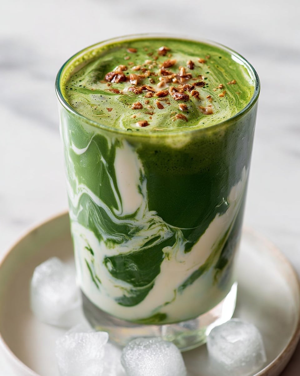 A clear glass filled with a layered green smoothie that has a deep, rich green color with visible leafy texture. Swirled through the green smoothie are thick white creamy streaks, creating a marbled effect all around the inside of the glass. The smoothie is topped with a sprinkling of small brown nut pieces or crumbs. The glass sits on a white plate filled with ice cubes, set against a white marbled surface background. Photo taken with an iphone --ar 4:5 --v 7