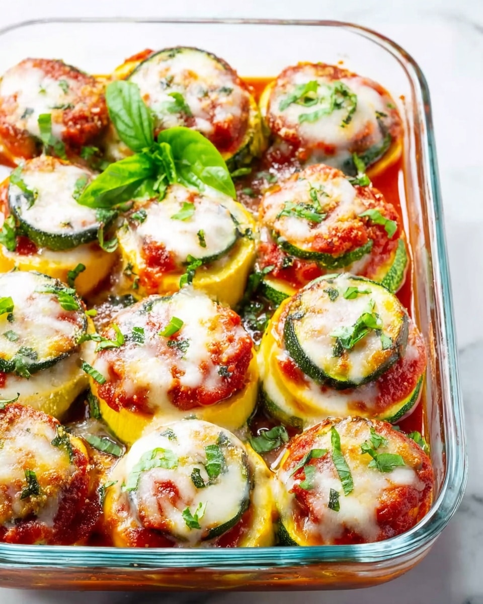 The image shows a glass baking dish filled with round slices of zucchini and yellow squash stacked in layers. Each stack has three slices, layered with red tomato sauce in between. The top of each stack is covered with melted white cheese, which is slightly browned. Small green parsley pieces are sprinkled over the cheese and sauce, and fresh green basil leaves decorate the dish. The dish sits on a white marbled surface. photo taken with an iphone --ar 4:5 --v 7