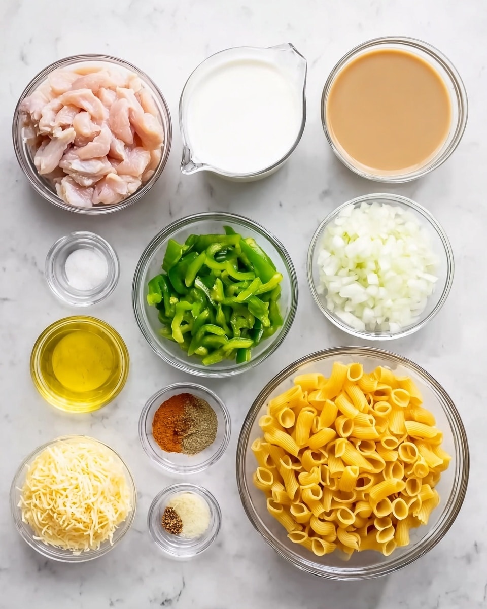 The image shows nine clear glass bowls of different sizes on a white marbled surface. There is one large bowl with sliced raw chicken pieces at the top left, next to a big bowl filled with milk towards the top center, and another large bowl at the top right filled with light brown broth. Below these, from left to right, there is a medium bowl with cooked white onions, a small bowl with chopped green bell peppers, and a big bowl with uncooked yellow pasta shells. At the bottom left is a small bowl filled with shredded cheese, a tiny bowl with yellow oil, a smaller bowl with brown spice powder, and the smallest bowl on the bottom right containing minced garlic. All the bowls are neatly arranged in rows, each ingredient visible through the clear glass photo taken with an iphone --ar 4:5 --v 7