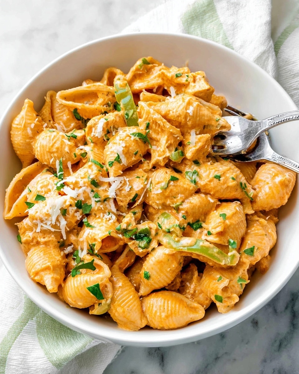 A white bowl filled with pasta shells coated in a creamy orange sauce, mixed evenly with pieces of cooked chicken and green bell pepper slices. The pasta looks smooth and slightly shiny from the sauce, with small bits of grated white cheese scattered on top and finely chopped green herbs sprinkled over the dish. A silver fork is placed inside the bowl, partially lifting some pasta shells. The bowl sits on a white marbled surface with a soft white and green cloth nearby. photo taken with an iphone --ar 4:5 --v 7