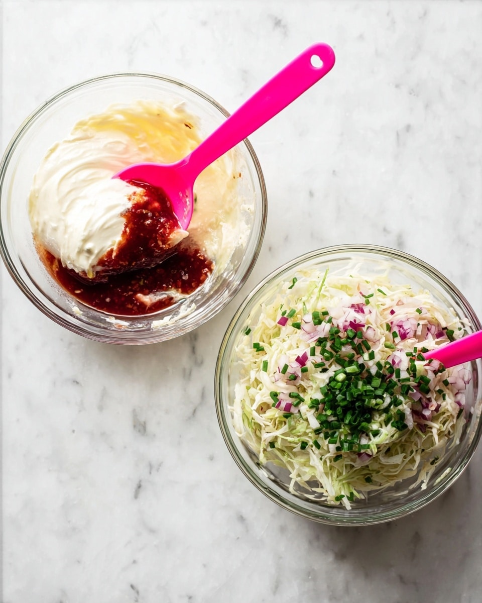 Two clear glass bowls sit side by side on a white marbled surface. The bowl on the left contains three layers: a thick white creamy layer on the left, a dark red sauce layer on the right, and some light yellow liquid pooling at the bottom. A bright pink spoon rests in this bowl, angled towards the right. The bowl on the right shows a mixture of thinly shredded white cabbage filling most of the bowl, finely chopped purple onion on the right, and chopped green herbs scattered on top, with the same bright pink spoon resting inside, angled to the left. photo taken with an iphone --ar 4:5 --v 7