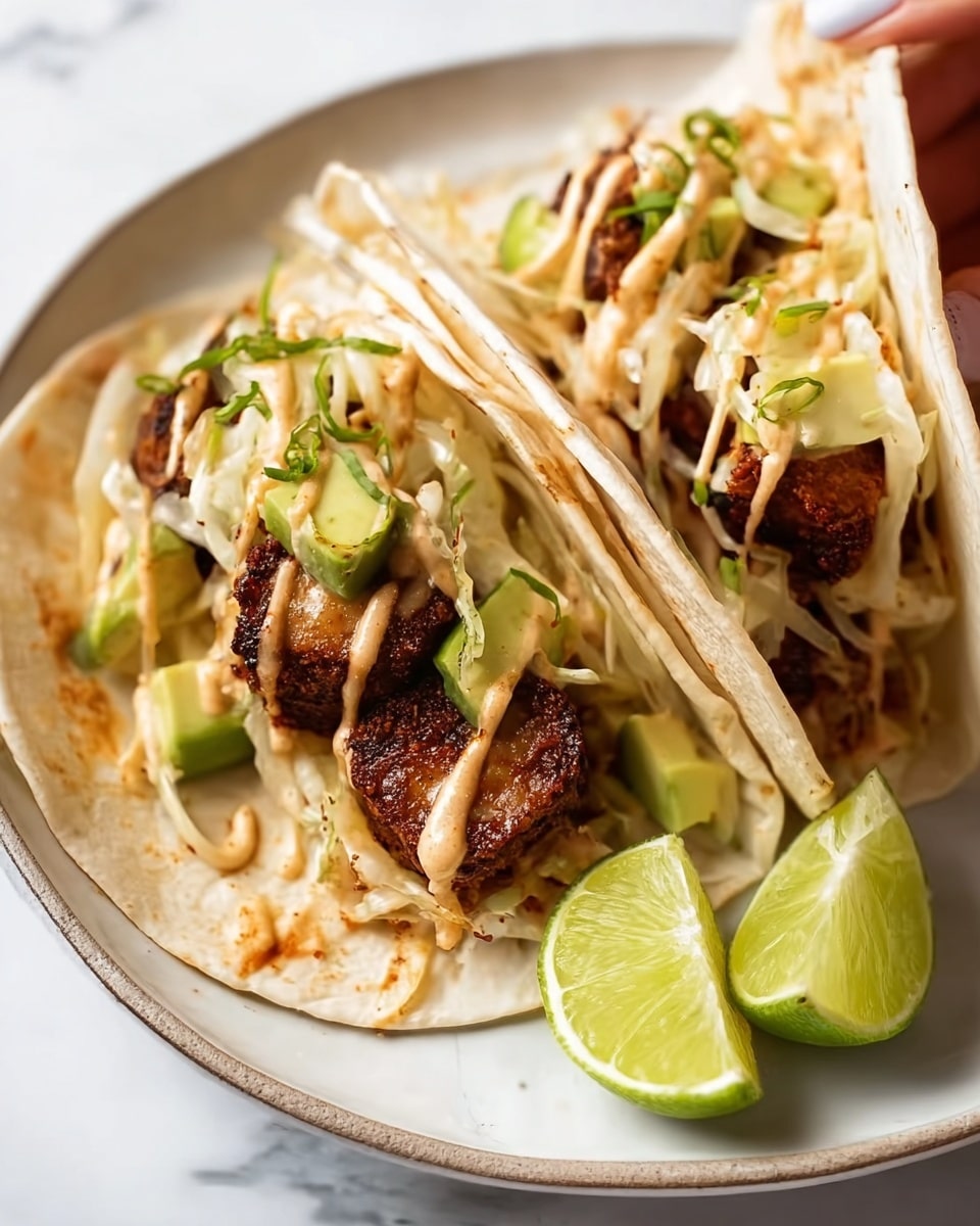 The image shows two soft white tortillas folded to hold dark brown, round pieces of spiced grilled food on a white plate with a white marbled background. Inside the tortillas, there are small cubes of green avocado and a creamy light brown sauce drizzled on top, along with some shredded light-colored cabbage or slaw. Two lime wedges with bright green skin and pale green inside sit next to the tortillas on the plate. A woman's hand is holding one of the tortillas slightly open to show the fillings. photo taken with an iphone --ar 4:5 --v 7