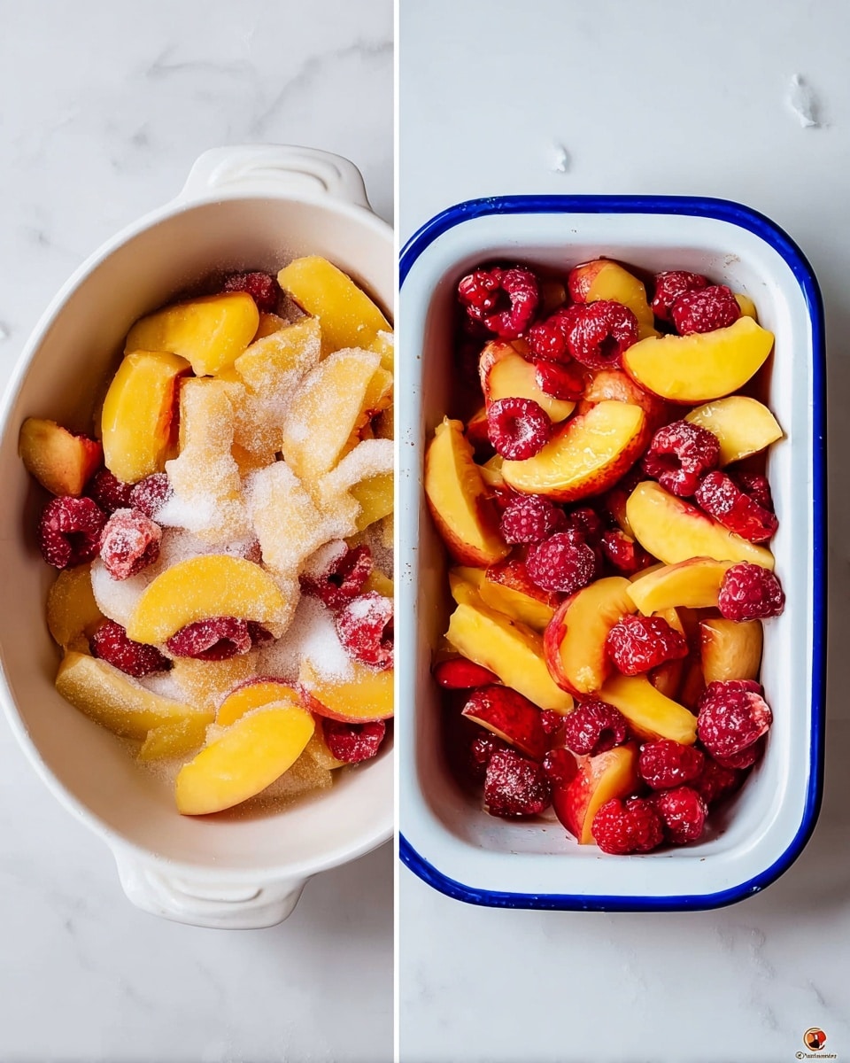 The image shows two different vessels with sliced fruits and sugar. On the left side, there is a white bowl filled with about two layers of sliced yellow peaches and red raspberries, with a light dusting of white granulated sugar on top. The fruit pieces have a soft and fresh texture, and the colors are bright yellow, red, and pale peach. On the right side, a white rectangular dish with a blue rim holds a similar mix of fruit, again with two layers of yellow peach slices and red raspberries, evenly sprinkled with white sugar. Both vessels sit on a white marbled surface. photo taken with an iphone --ar 4:5 --v 7