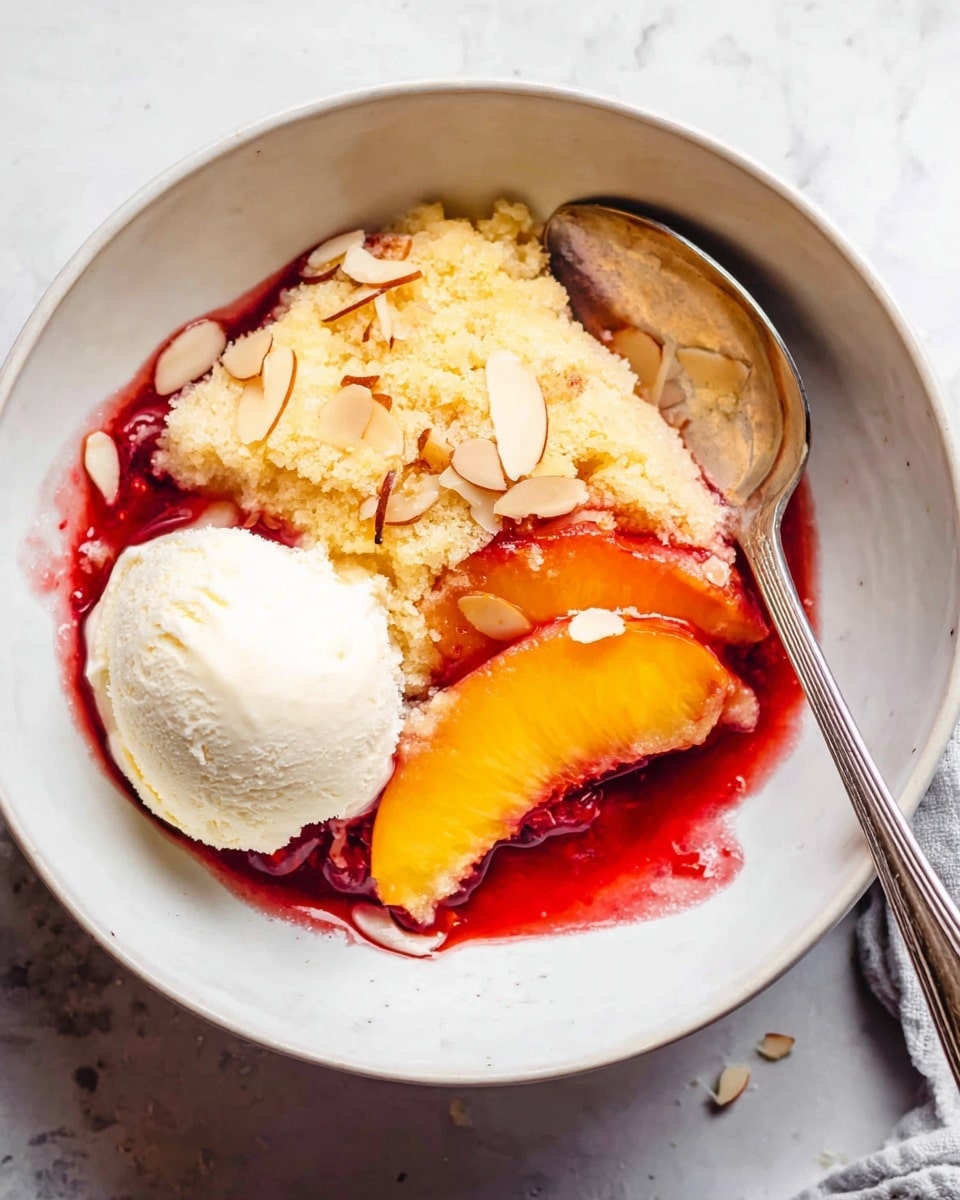 In a white bowl, there is a dessert with three main layers: an orange peach slice sitting in a bright red syrup at the bottom, a crumbly light yellow cake layer with almond slices scattered on top in the middle, and a smooth, creamy white scoop of ice cream placed on one side. A shiny silver spoon is placed inside the bowl, resting on the edge with some syrup and ice cream melting into it. The bowl sits on a white marbled surface with some almond slices scattered nearby. Photo taken with an iphone --ar 4:5 --v 7