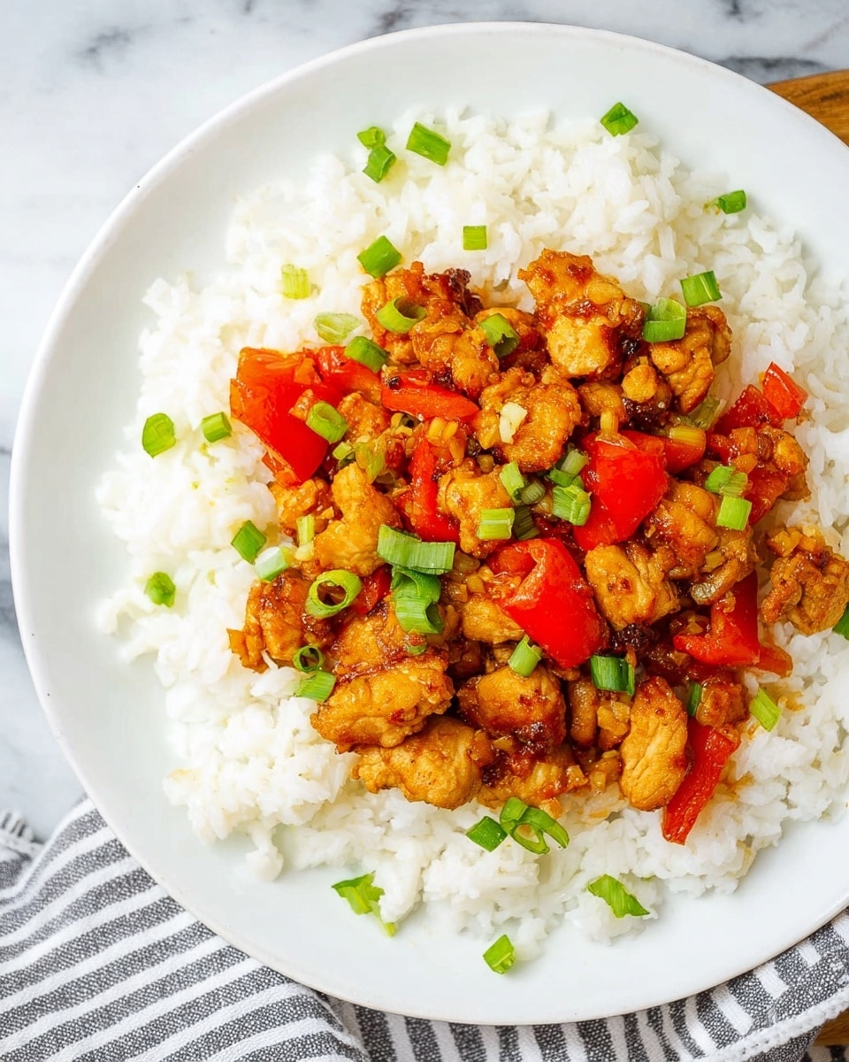 A white plate holds a bed of cooked white rice as the bottom layer, fluffy and slightly separated. On top, there is a layer of small golden-brown, cooked chicken pieces with a slightly crispy texture, mixed with bright red bell pepper chunks. The dish is garnished with chopped green onions scattered evenly for a fresh touch. The plate sits on a white marbled surface with part of a gray and white striped cloth visible underneath. photo taken with an iphone --ar 4:5 --v 7