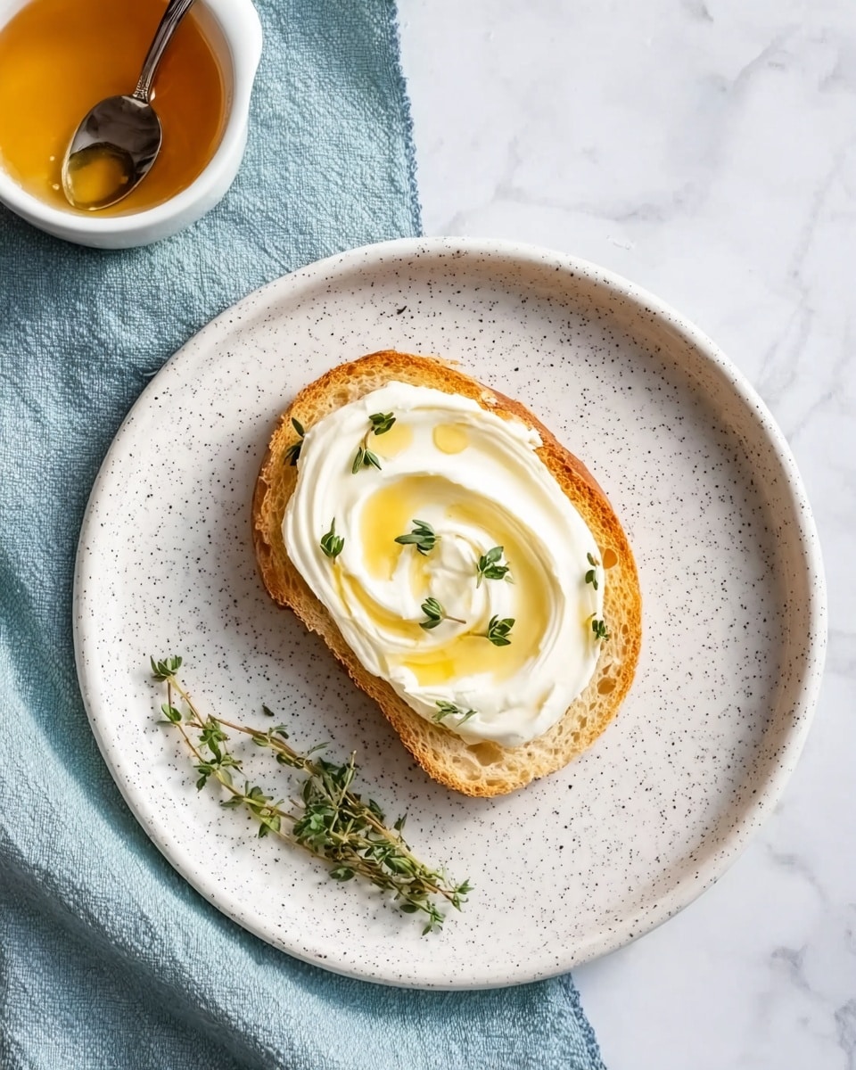 A single slice of toasted light brown bread lies in the center of a white speckled plate. On top of the bread, there are two swirled layers of smooth, creamy white spread with a few small green herb leaves sprinkled on it. Next to the bread on the plate, there is a small sprig of fresh green thyme. In the top left corner near the plate, a white bowl with a golden-brown liquid and a silver spoon is visible. The plate is placed on a white marbled surface, partly covered by a light blue cloth. Photo taken with an iphone --ar 4:5 --v 7