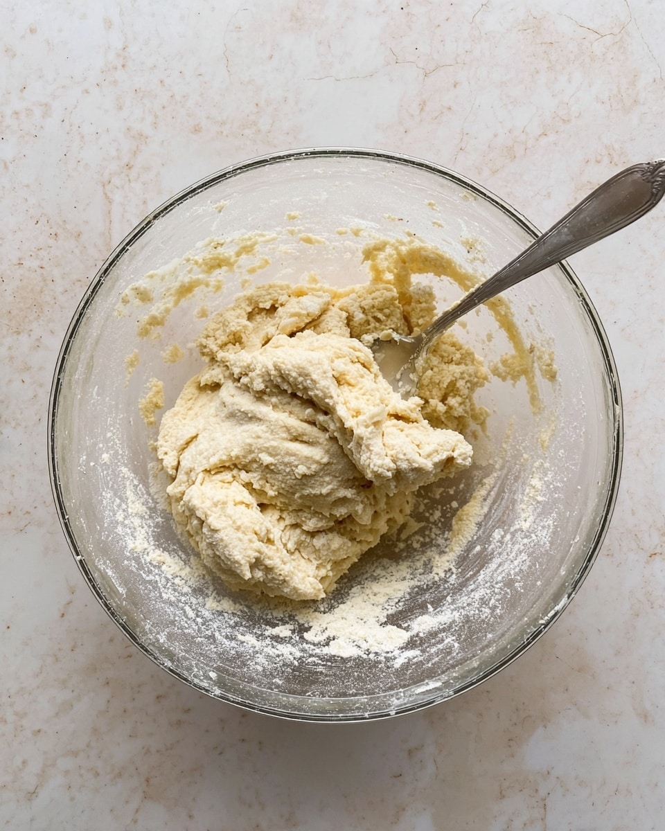 A clear glass bowl sits on a white marbled surface, filled with a rough, pale yellow dough that has a messy texture and some dry flour sprinkled on top and along the edges. A silver spoon is sticking into the dough from the bottom left, coated with sticky bits of the mixture. The dough looks thick and uneven, with some folds and lumps visible, showing the first stage of mixing. Photo taken with an iphone --ar 4:5 --v 7