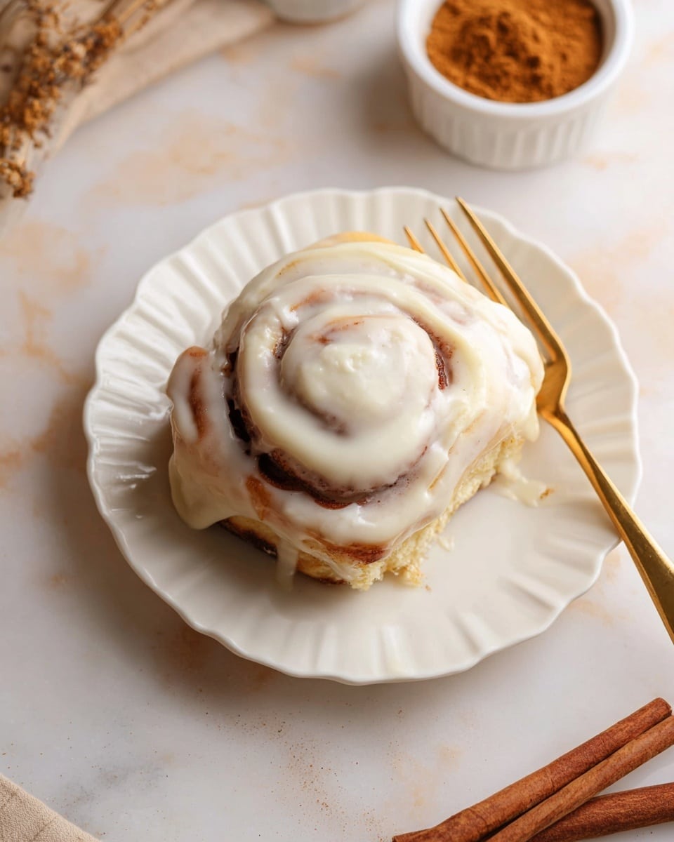 A single cinnamon roll with about three visible layers of soft, light brown dough spiraled tightly, topped generously with a smooth, thick layer of creamy white icing that slowly drips down the sides. The cinnamon roll sits centered on a white scalloped-edge plate. Next to the plate, a gold fork rests with its prongs pointing towards the pastry. Nearby on the white marbled surface, two cinnamon sticks lie parallel to each other. In the background, there is a small white bowl containing a brown powder, slightly out of focus. photo taken with an iphone --ar 4:5 --v 7