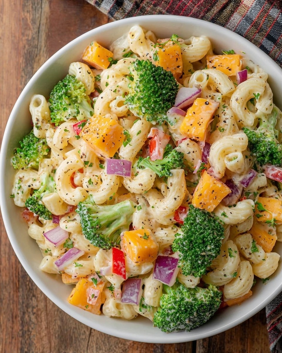 A white bowl filled with creamy elbow macaroni pasta mixed with bright green broccoli florets, orange cheese cubes, and small pieces of red bell pepper and red onion. The salad is sprinkled with black pepper and some green herbs. The bowl is placed on a wooden surface with a plaid cloth partially visible on the top right side. The textures show the smooth creaminess of the pasta and sharp edges of the cheese and vegetables photo taken with an iphone --ar 4:5 --v 7