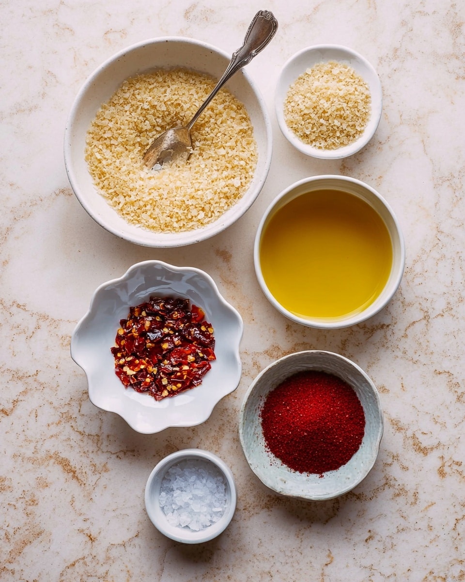 The image shows six small white bowls arranged on a white marbled surface. The largest bowl contains a golden yellow liquid, likely oil, placed in the center-right. Above it, a smaller white bowl holds light tan crushed flakes. To the center-left, a bigger white bowl is filled with similar crushed flakes with a silver spoon resting inside. Below the central oil bowl, a white bowl with a scalloped edge has red chili flakes. To the top-right of the chili flakes bowl, a small white bowl contains bright red powder. At the bottom center, a tiny white bowl holds coarse white salt. The colors range from golden yellow to beige, deep red, and white, and the textures vary from liquid to powdery and flaky. Photo taken with an iphone --ar 4:5 --v 7