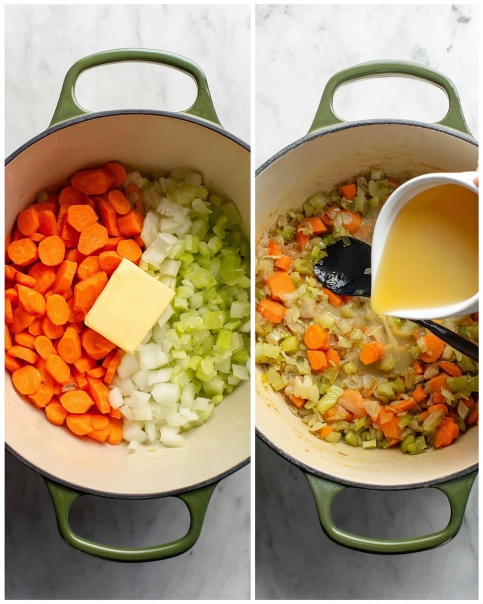 The image shows two side-by-side photos of a white pot with green handles on a white marbled surface. The left photo has four neatly arranged layers inside the pot: bright orange carrot slices in the bottom left, light green celery pieces on the bottom right, chopped white onions at the top right, and a square of yellow butter in the center. The right photo shows the same pot where the vegetables are now cooked and mixed, creating a soft textured blend of light orange carrot, light green celery, and translucent onions. A woman's hand is pouring a light yellow liquid over the cooked vegetables from above, and a black spoon rests inside the pot. Photo taken with an iphone --ar 4:5 --v 7