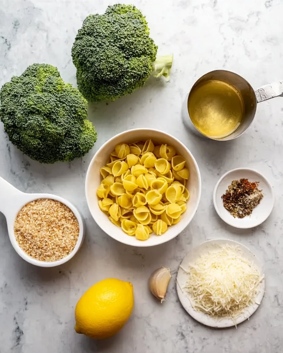 The image shows ingredients arranged on a white marbled surface. There are two green broccoli heads on the left side, textured with small florets. In the center, there is a white bowl filled with yellow pasta shells. Above the bowl is a small metal cup with a clear golden liquid. To the right is a whole yellow lemon with a smooth texture. On the lower right side, a small white bowl holds finely shredded white cheese. Near the top left, there is a white measuring cup filled with what looks like breadcrumbs, next to a small white plate containing a mix of spices including brown and black bits, and a peeled clove of garlic lies between the broccoli and the pasta bowl. Photo taken with an iphone --ar 4:5 --v 7