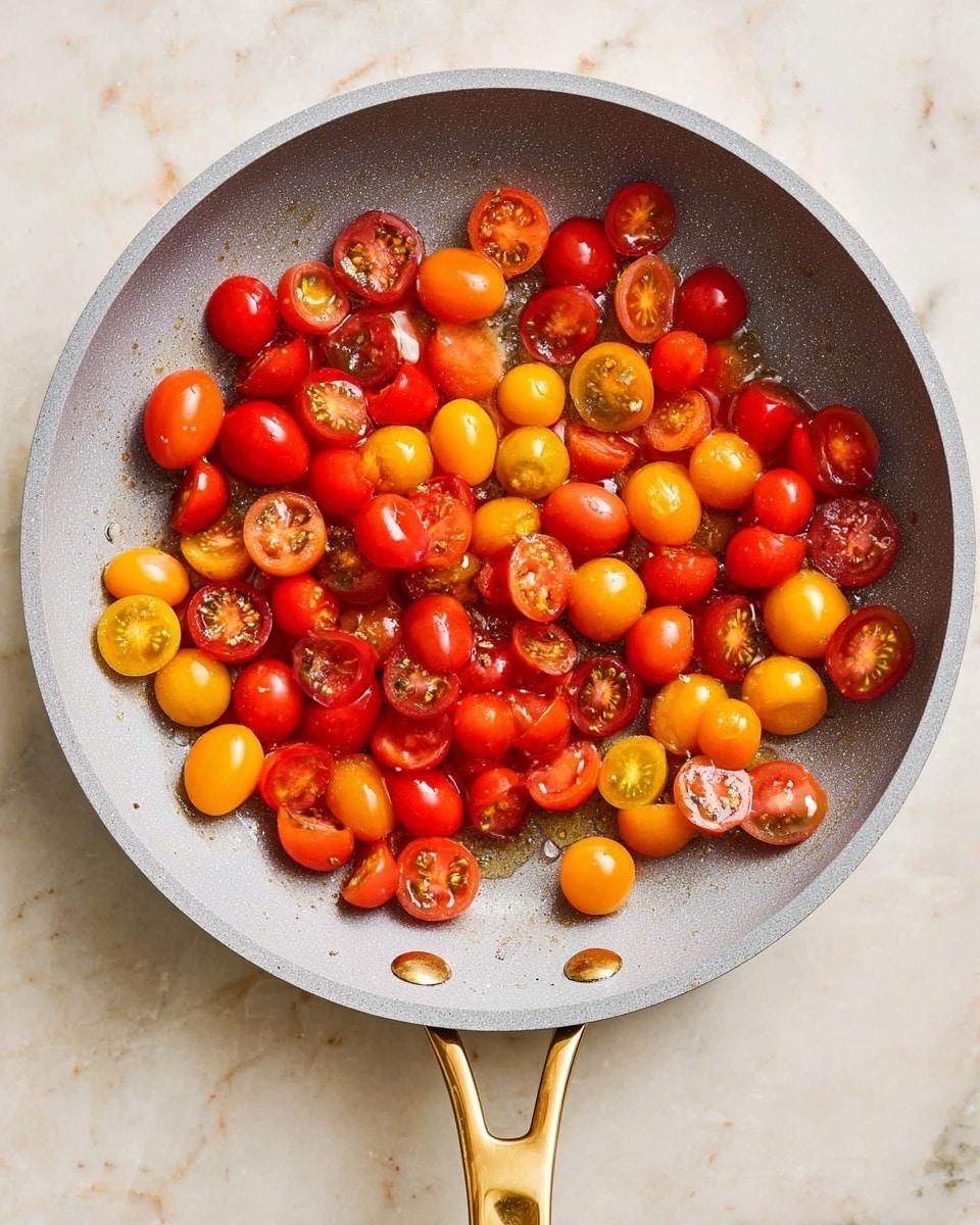 A top view of a gray frying pan with a shiny golden handle fills the frame. Inside the pan, there are many red, orange, and dark yellow cherry tomatoes, all cut in half showing their juicy seeds and smooth skins. The glossy tomatoes are spread evenly, with small drops of oil shining between them. The pan sits on a white marbled surface, adding a clean and bright look to the image. photo taken with an iphone --ar 4:5 --v 7