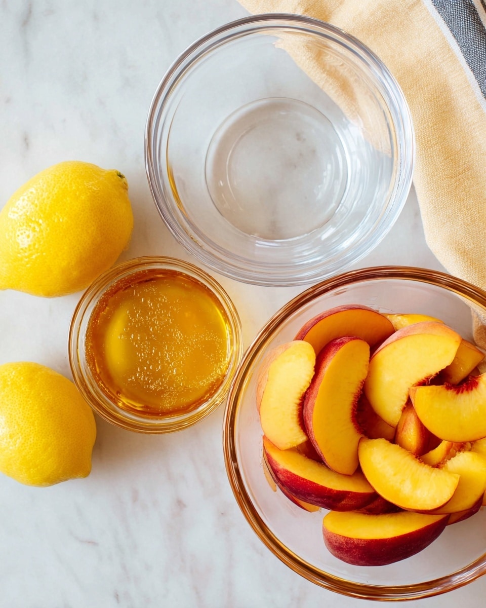 The image shows three clear glass bowls on a white marbled surface. The bowl on the bottom right is filled with sliced peaches, showing layers of yellow and red with smooth, juicy textures. To the left, a smaller bowl contains golden honey with tiny bubbles visible on the surface, giving it a thick and shiny look. Above these two bowls is an empty clear glass bowl, smooth and clean, ready to be used. There are two bright yellow lemons to the left of the bowls, adding a pop of color. A striped cloth is partly visible in the top right corner. photo taken with an iphone --ar 4:5 --v 7
