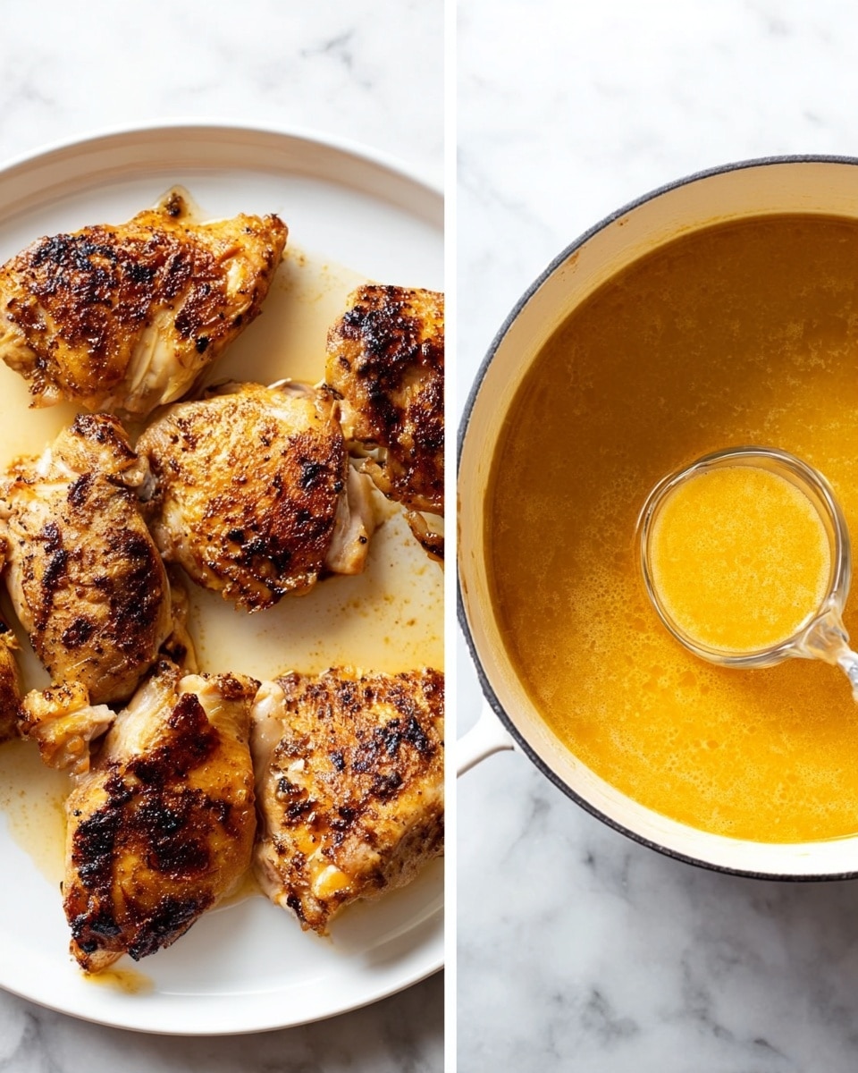 A white plate holds six pieces of cooked chicken with a golden brown, slightly charred surface. The chicken pieces are scattered across the plate, each showing texture from grilling or frying. Next to it, a white pot contains a thick, orange-yellow liquid being poured into it from a glass cup, creating a slight swirl on the liquid’s surface. Both images have a white marbled background. photo taken with an iphone --ar 4:5 --v 7