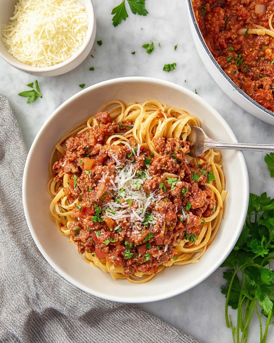 The image shows a white bowl filled with three main layers: a base of light brown cooked pasta, topped with a thick layer of rich red meat sauce containing small chunks of meat and diced vegetables, and sprinkled with a light dusting of finely grated pale yellow cheese and scattered pieces of fresh green parsley. A silver fork rests inside the bowl, partially inserted in the pasta. Next to the bowl is another small white bowl filled with grated cheese, and in the upper right corner, part of a white pot with more pasta and meat sauce is visible. The whole setup sits on a white marbled surface with a piece of gray striped cloth and a small bunch of fresh green parsley. photo taken with an iphone --ar 4:5 --v 7