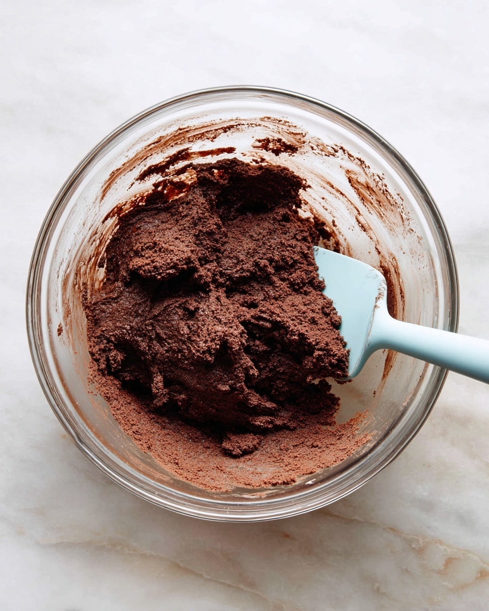 A clear glass bowl sits on a white marbled surface filled with thick, dark brown chocolate dough. The dough is dense and slightly rough in texture, clinging to the sides of the bowl in patches, showing where it has been mixed. A light blue spatula rests inside the bowl on the right side, with some dough on its flat end, angled downward into the mixture. There are no other layers or items in the image. Photo taken with an iphone --ar 4:5 --v 7