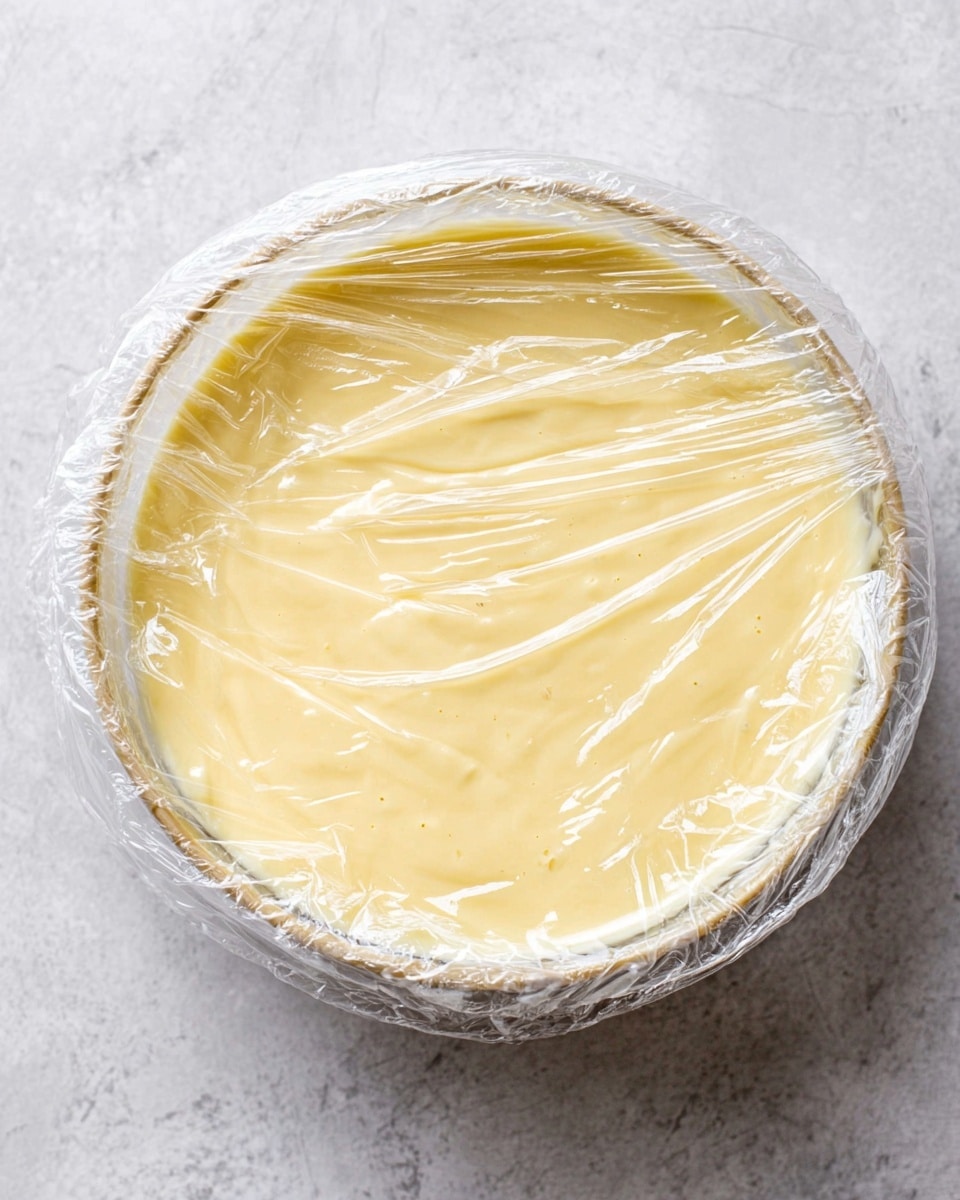 A transparent glass bowl filled with a smooth, creamy pale yellow custard-like mixture, covered tightly with clear plastic wrap that has small wrinkles and some air bubbles on its surface, sitting on a white marbled texture background. The mixture has a few tiny dark specks evenly spread throughout, giving slight texture to the glossy surface under the plastic wrap, creating a soft, shiny appearance. photo taken with an iphone --ar 4:5 --v 7