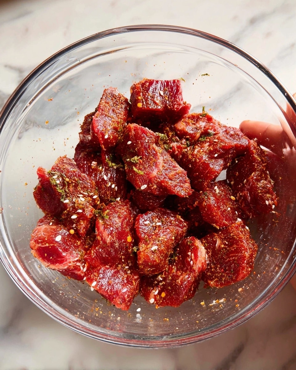 A clear glass mixing bowl filled with several chunks of raw red meat, each piece coated with a reddish-brown spice mix that includes visible herbs and small white granules. The meat pieces are unevenly shaped and piled loosely inside the bowl. The bowl sits on a white marbled surface, and a woman's hand is slightly visible at the top edge of the image. photo taken with an iphone --ar 4:5 --v 7