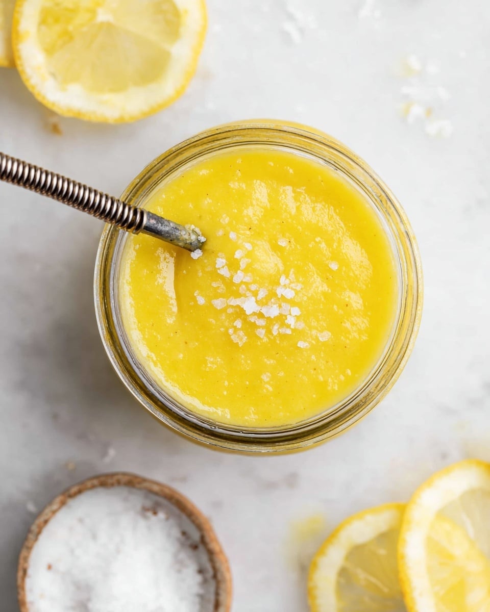 A close-up top view of a clear glass jar filled with a thick, bright yellow mixture that has a smooth texture with some small white salt crystals sprinkled on top. A shiny metal spring-like utensil is partially dipped into the mixture, resting along the jar's edge. Around the jar, there are lemon slices and a small white bowl of coarse salt, all set on a white marbled surface. The colors are bright and clean with a fresh feel photo taken with an iphone --ar 4:5 --v 7
