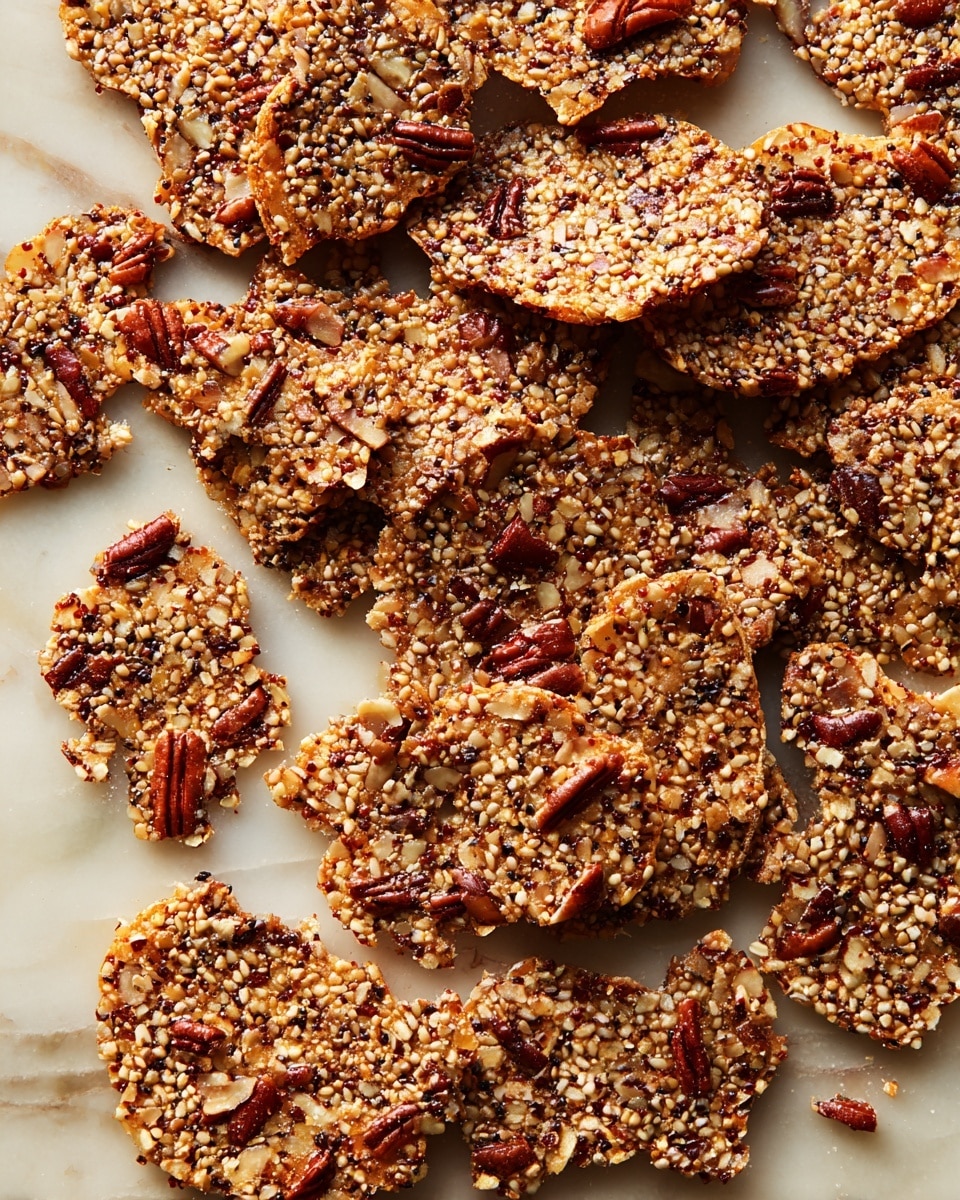 The image shows many pieces of a crunchy snack made with small round grains and pecans mixed in. The pieces are irregular in shape and size, with a golden brown color from the baked grains and nuts. The texture looks crisp and crunchy with visible seeds and chunks of pecans spread throughout each piece. They are laid out on a white marbled surface with some pieces overlapping or stacked lightly. The overall look is rustic and homemade, with little pieces broken off and a natural, uneven shape. photo taken with an iphone --ar 4:5 --v 7