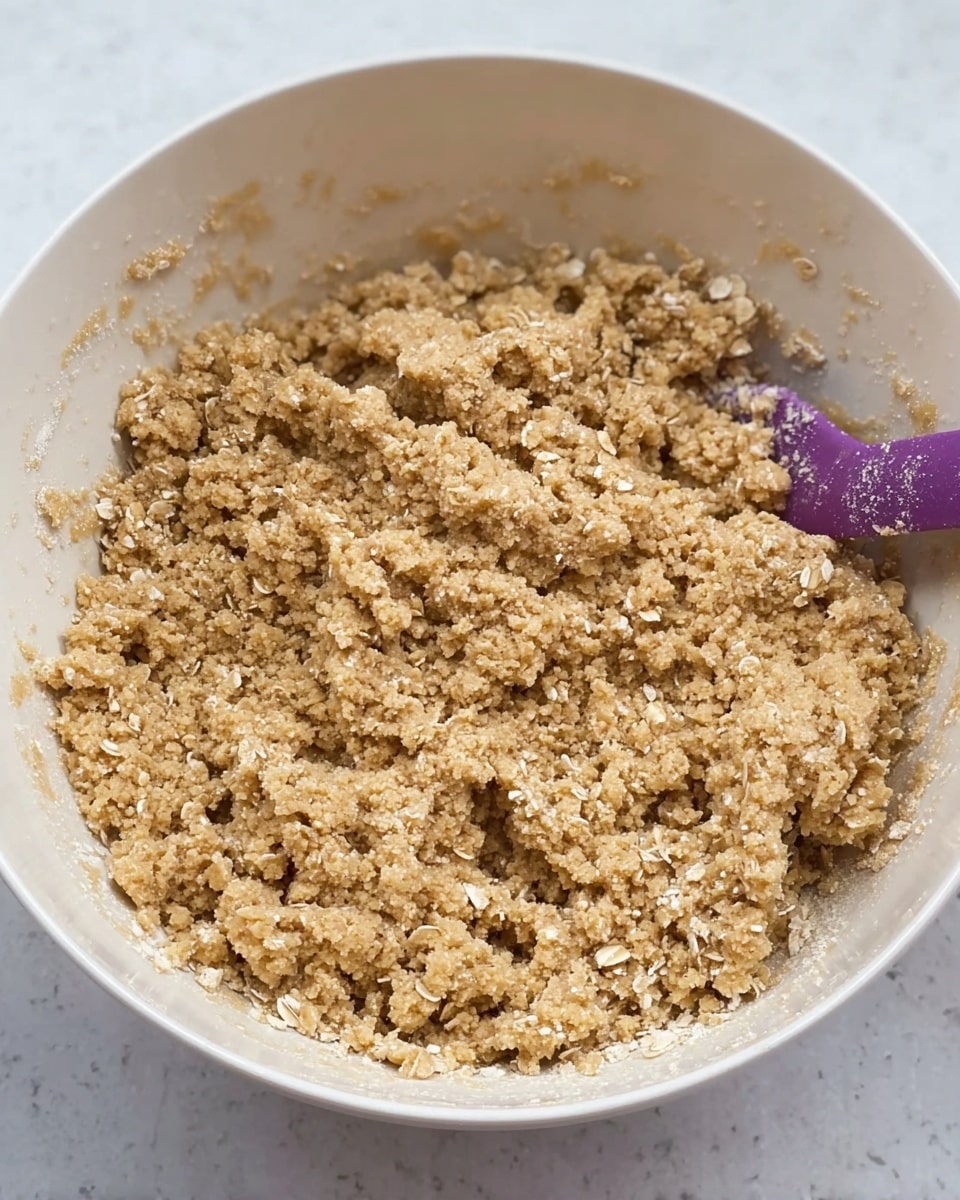 A close-up view of a white bowl filled with a thick, crumbly dough mixture that has small pieces of oats throughout, giving it a textured look. The mixture is light brown and appears dense and slightly moist. A purple spatula is partially visible resting inside the bowl, positioned towards the right edge. The background is a white marbled texture. Photo taken with an iphone --ar 4:5 --v 7