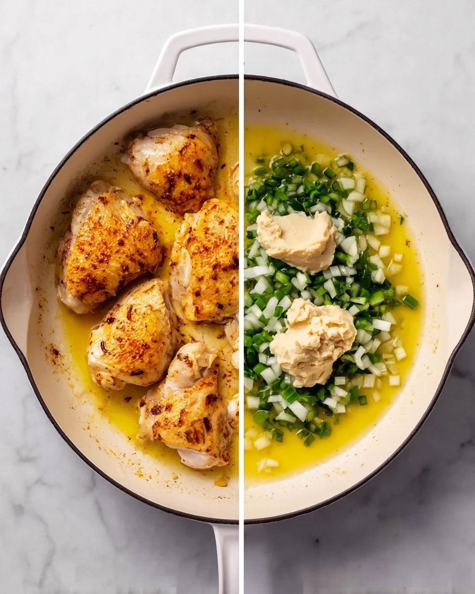 The image shows two side-by-side photos of a white pan on a white marbled surface. In the left photo, there are four well-seasoned, cooked chicken pieces with a golden brown color sitting in a layer of yellow cooking liquid that covers the pan's base. In the right photo, the pan contains a yellow oily liquid with three different chopped ingredients layered on top: a small amount of light beige soft paste, scattered green diced peppers, and white chopped onions, all sitting together in the center area of the pan. photo taken with an iphone --ar 4:5 --v 7