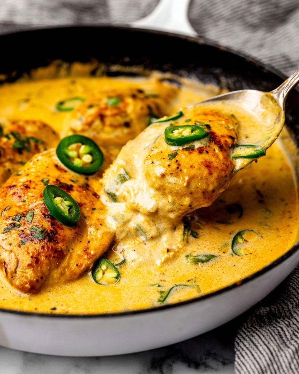 A close-up view of creamy yellow-orange sauce covering three pieces of cooked chicken in a white skillet with a black rim. The sauce is thick and smooth, with visible sliced green jalapeño peppers scattered on top, adding a pop of green color and texture. A silver spoon dips into the sauce, lifting some creamy sauce showing its rich and slightly bubbly texture. The background shows a soft striped cloth and a white marbled surface beneath the skillet. Photo taken with an iphone --ar 4:5 --v 7