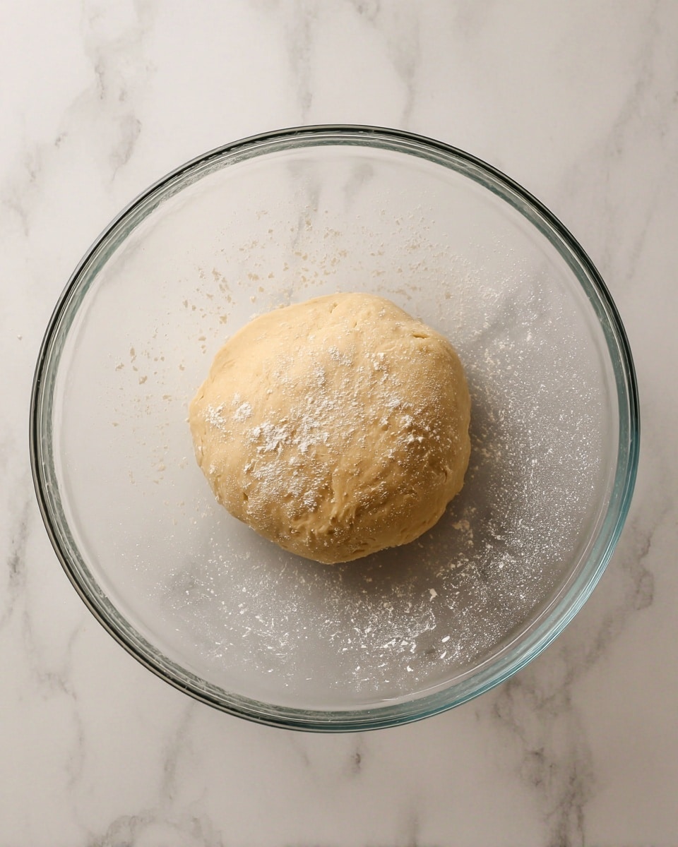 A round ball of light beige dough sits in the middle of a clear glass bowl. The dough looks smooth but slightly textured with a dusting of white flour on top. The bowl rests on a white marbled surface, and small droplets of moisture can be seen on the inside of the bowl around the dough. photo taken with an iphone --ar 4:5 --v 7