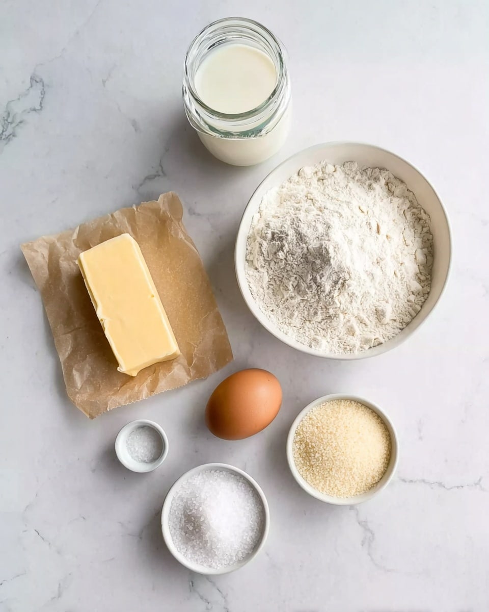 The image shows six ingredients arranged neatly on a white marbled surface. At the top left is a glass jar filled with milk. Next to it on the right is a white bowl full of white flour with a small mound in the center. Below these items to the left is a stick of butter placed diagonally on a piece of brown parchment paper, showing its smooth, yellow texture. To the right of the butter, there is a single brown egg resting directly on the surface. Below the egg and butter, two small white bowls hold white sugar and pale beige yeast granules, respectively. Between these two bowls is a tiny bowl of white salt. The whole scene is lit softly, emphasizing the smooth and powdery textures of the ingredients in a clean and simple style. Photo taken with an iphone --ar 4:5 --v 7