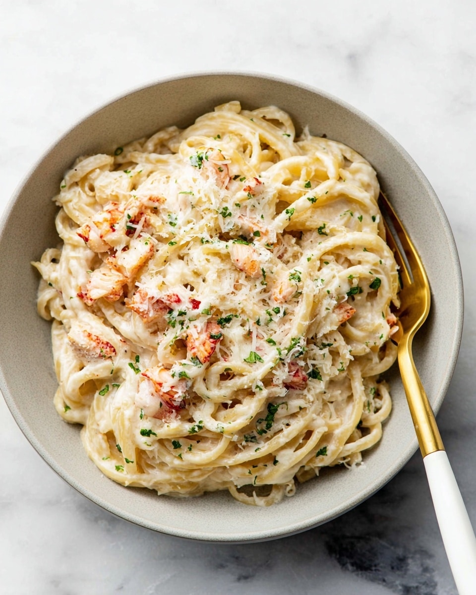 A light grey bowl holds a creamy pasta dish with thick, pale yellow noodles twisted together. The sauce is white and creamy, mixed with small pieces of soft lobster meat that have a pinkish-orange hue. Sprinkled green herbs add small color spots on top of the sauce, along with finely grated white cheese, giving the dish a snowy texture on the surface. A gold and white fork is placed on the left side inside the bowl, resting among the noodles. The bowl is set on a white marbled surface. photo taken with an iphone --ar 4:5 --v 7