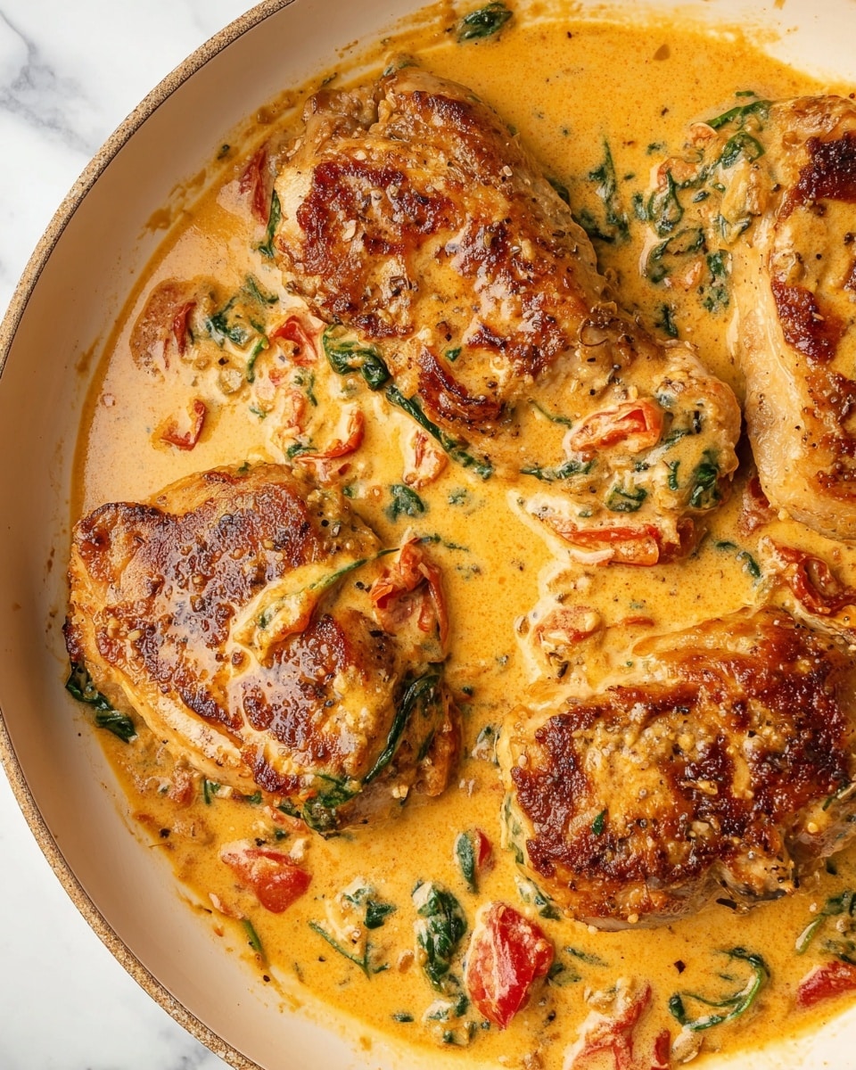 The image shows a close-up of four brown, cooked chicken pieces in a creamy orange sauce with green spinach pieces and red tomato bits layered throughout. The chicken pieces have a browned, slightly crispy texture and are partially covered with the smooth, thick sauce that pools around them. The dish is served in a white pan on a white marbled surface. photo taken with an iphone --ar 4:5 --v 7