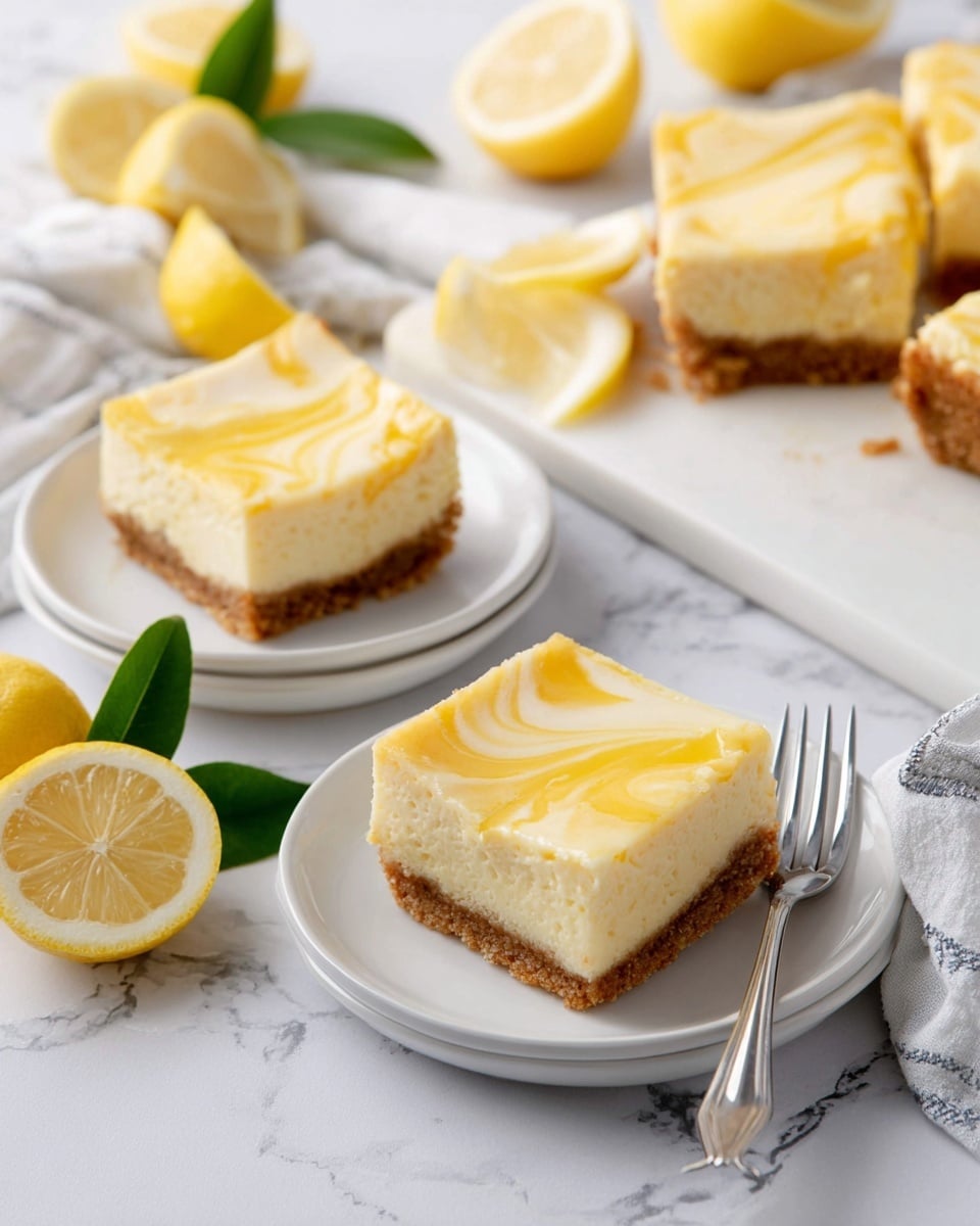 Two square lemon cheesecake bars sit on a white plate with a silver fork on the right side. Each bar has two layers: a thick, light brown crumb crust on the bottom and a creamy, pale yellow cheesecake layer on top with swirls of deeper yellow lemon topping. In the background, another white plate holds three more cheesecake bars, showing the same layers and swirls. To the right, there is a whole cheesecake with similar topping on a white marble board. Bright yellow lemon halves and slices with green leaves are scattered around, all placed on a white marbled surface. Photo taken with an iphone --ar 4:5 --v 7