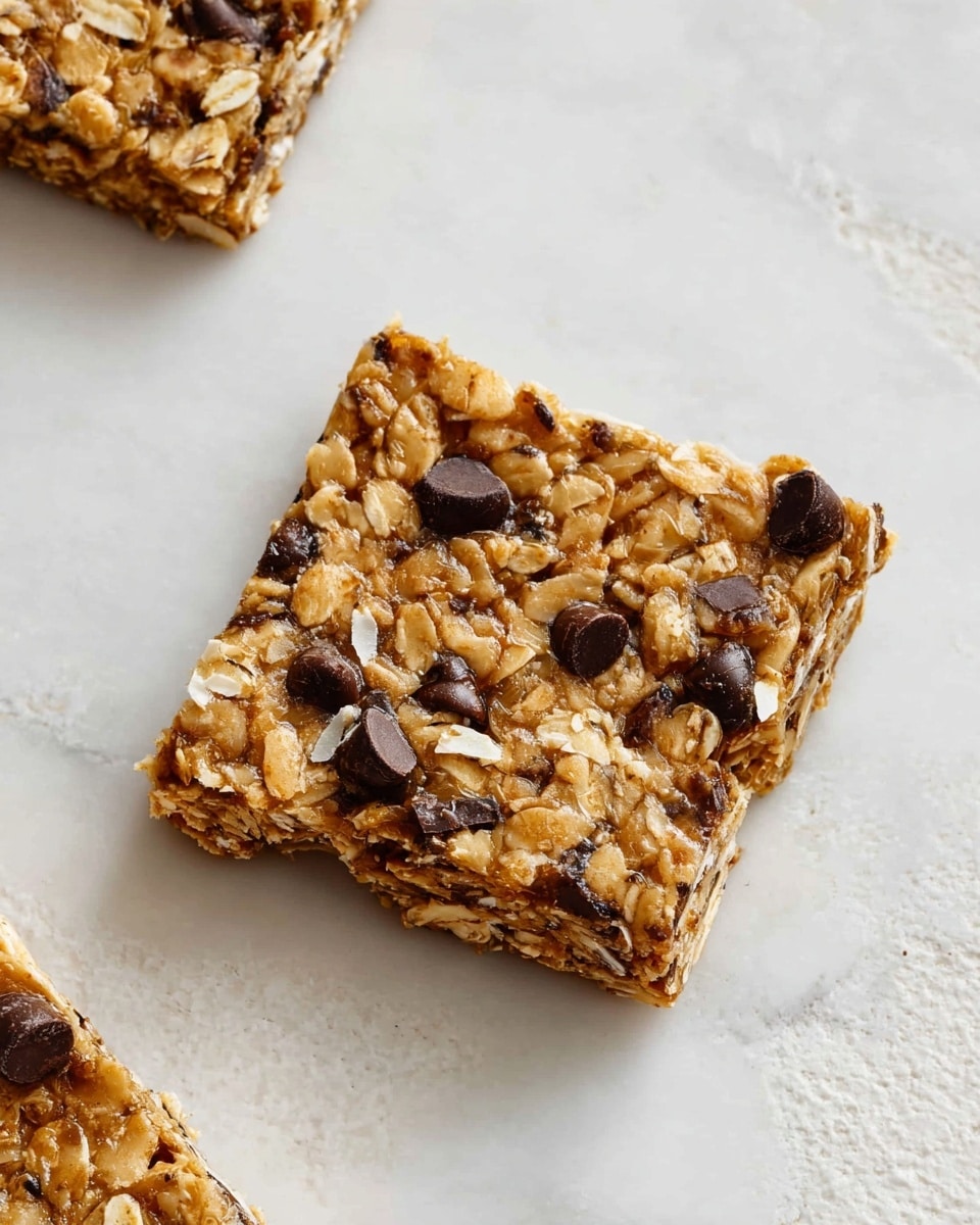 A single square granola bar is shown on a white marbled surface, featuring a close-up view. The bar has a rough texture with visible layers of oats and chocolate chips embedded throughout. It appears golden brown with scattered dark brown chocolate chips and small white flakes, possibly coconut. One corner of the bar has a bite taken out, showing the dense mix inside. Another granola bar square is partially visible at the top edge of the image. photo taken with an iphone --ar 4:5 --v 7