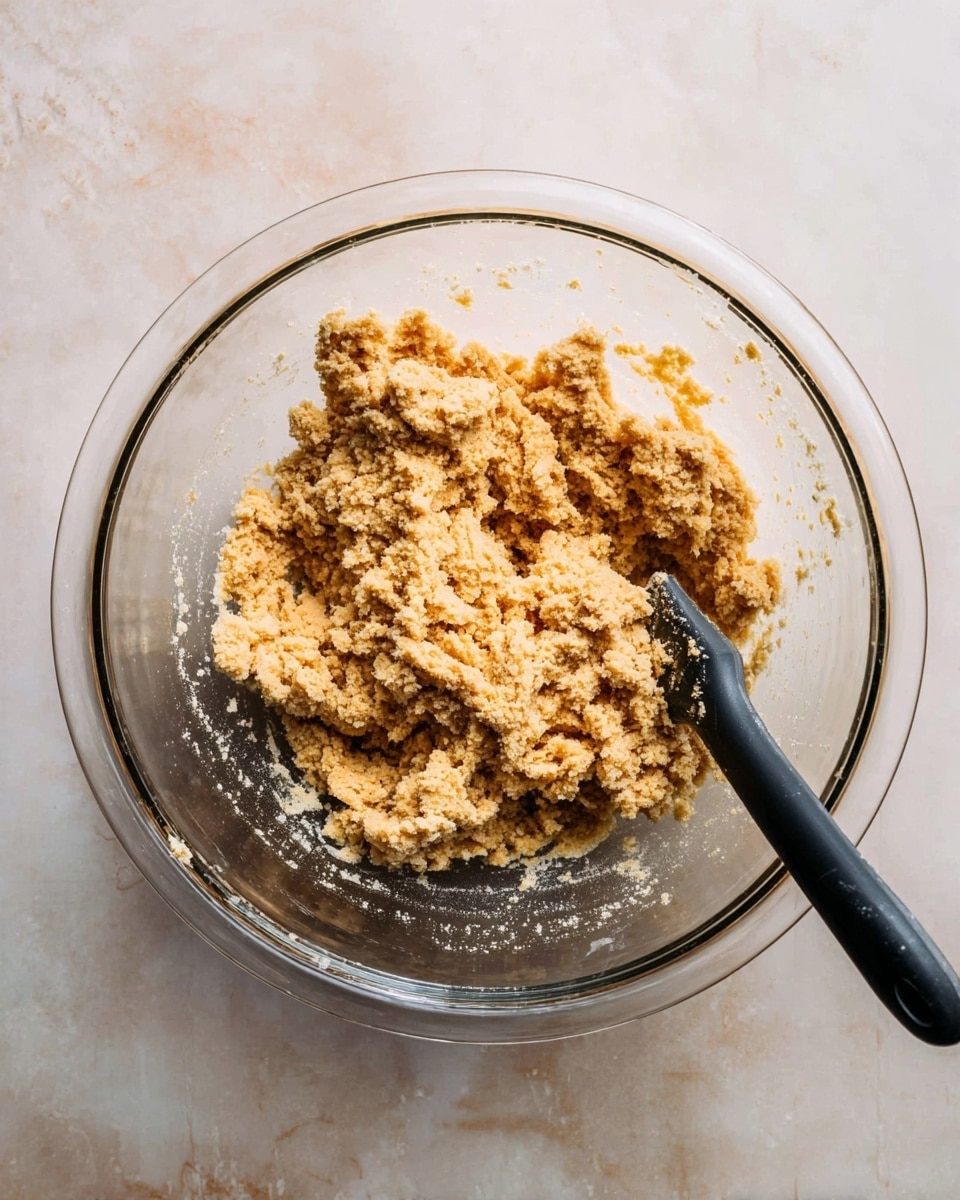 A clear glass mixing bowl sits on a white marbled surface, holding a single layer of light brown, crumbly dough with a slightly rough texture. Inside the bowl, a black mixing spoon is partially buried in the dough, positioned on the right side, with its handle resting against the side of the bowl. The dough clumps together unevenly with small pockets and lumps, showing a mix of lighter and darker brown shades. The overall scene is clean and simple, focused on the dough and the glass bowl. photo taken with an iphone --ar 4:5 --v 7