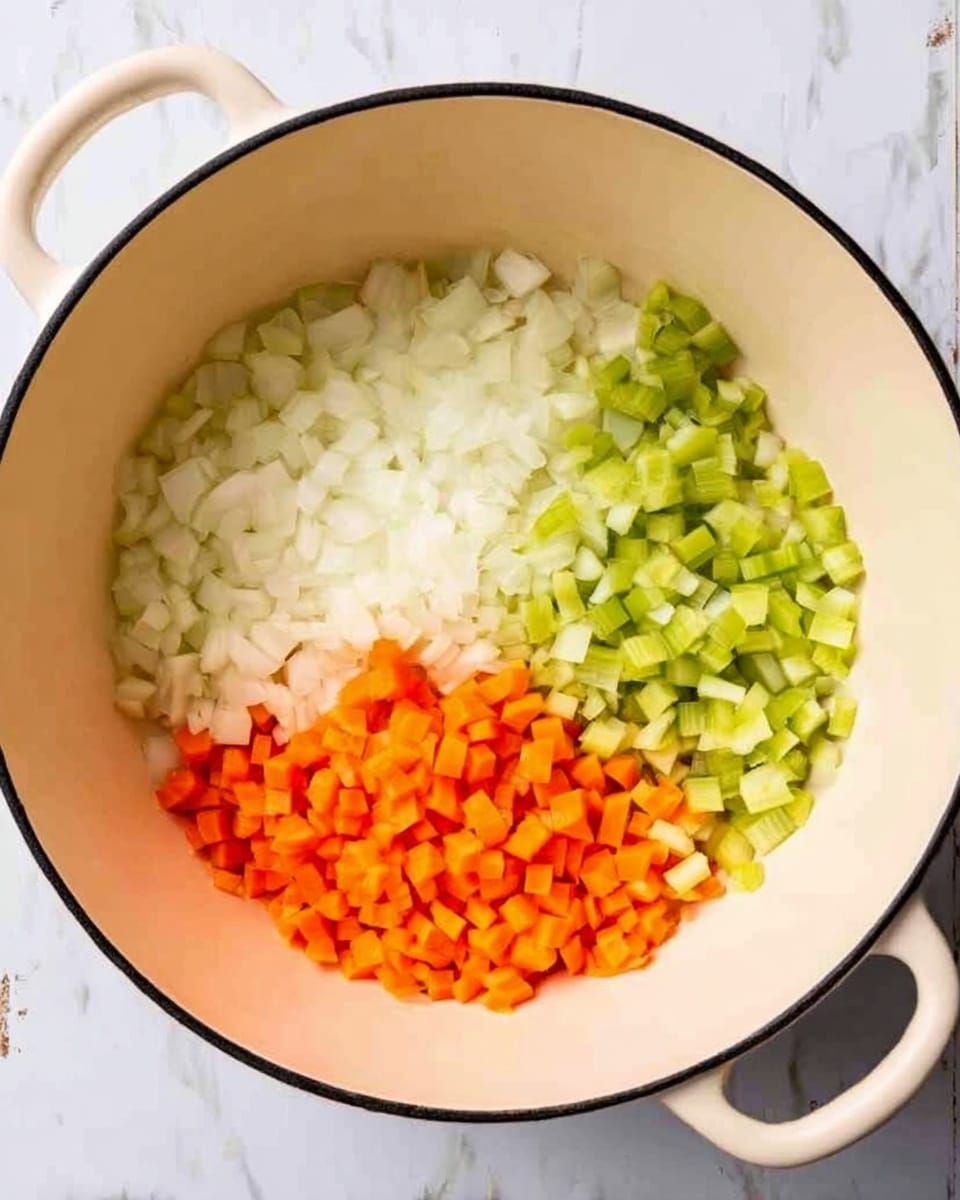 In a white pot with a black rim, there are three separate piles of chopped vegetables. On the left side, there is a mound of white onions with a slightly rough texture. Below the onions, there is a pile of small, bright orange carrot cubes. To the right, there is a heap of light green celery pieces, all evenly diced. The pot is placed on a white marbled surface with subtle veins, creating a clean and bright setting. photo taken with an iphone --ar 4:5 --v 7