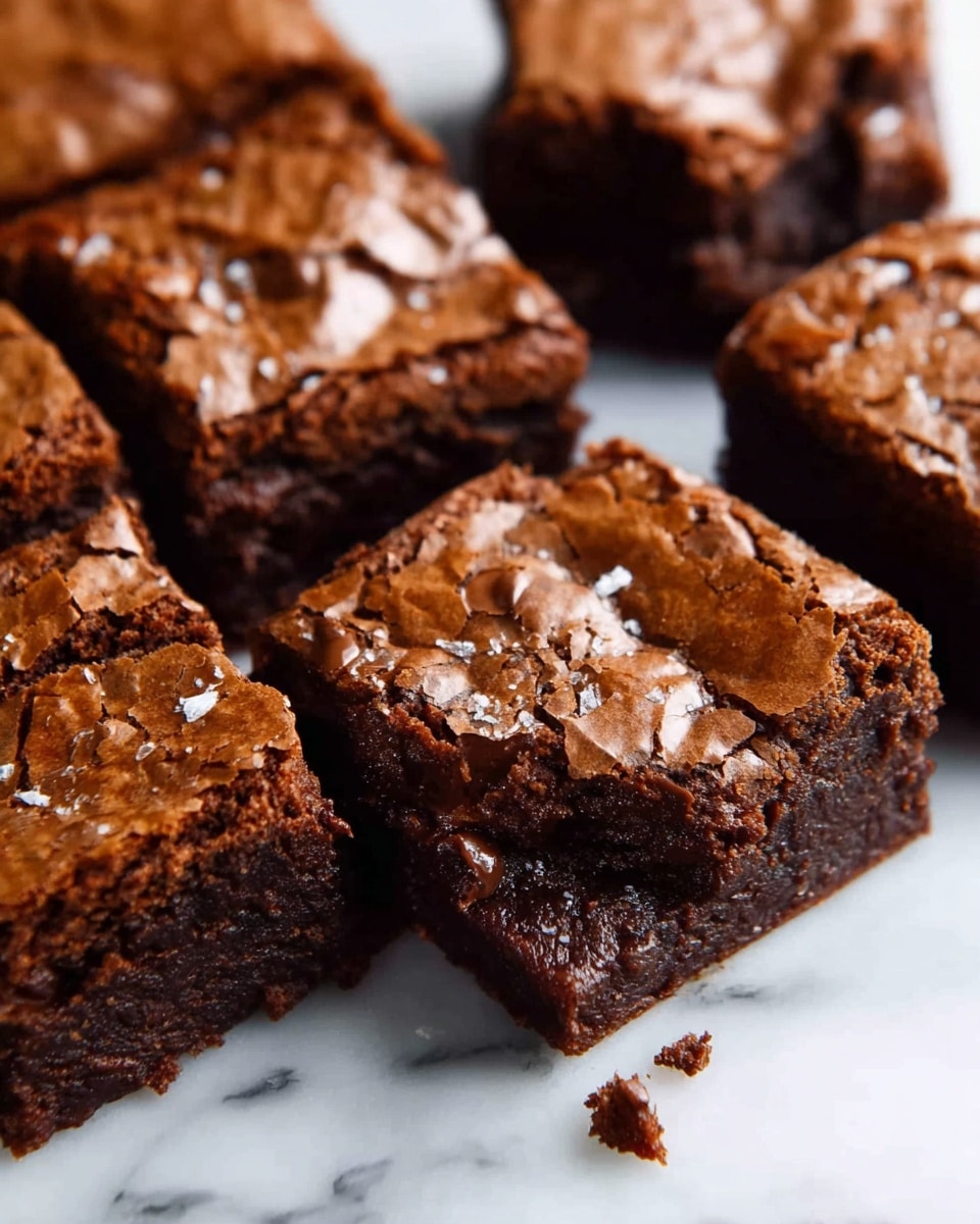 The image shows several thick, square pieces of chocolate brownie laid out on a white marbled surface. Each brownie has a cracked, shiny top layer with small bits of melted chocolate visible inside. The inside of the brownies looks soft and moist with a rich dark brown color. The texture of the top is slightly crisp, contrasting with the dense and fudgy middle layer. One piece is standing on its edge, showing the thickness and the layered look of the crispy top and soft inside. Photo taken with an iphone --ar 4:5 --v 7