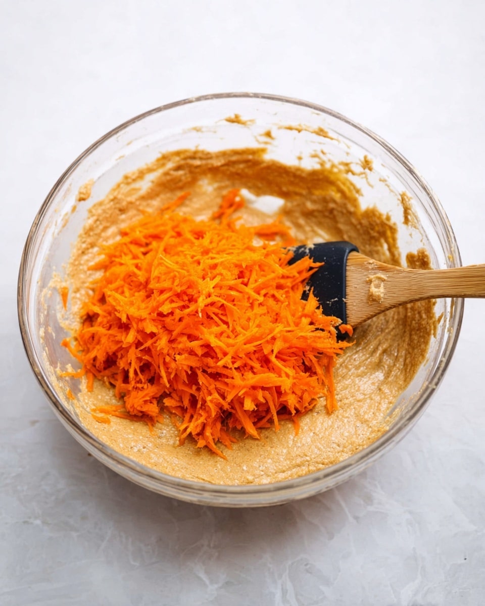 A clear glass bowl sits on a white marbled surface, filled with two main layers inside. The bottom layer is thick and smooth batter with a light brown color, covering the base and sides of the bowl. On top of this batter, there is a bright orange layer made of finely shredded carrots, loosely piled in the center. A wooden spatula with a black silicone head rests inside the bowl, partially dipped into the batter near the edge of the carrot layer. The overall look is simple and fresh, showing the process of mixing ingredients before baking. photo taken with an iphone --ar 4:5 --v 7