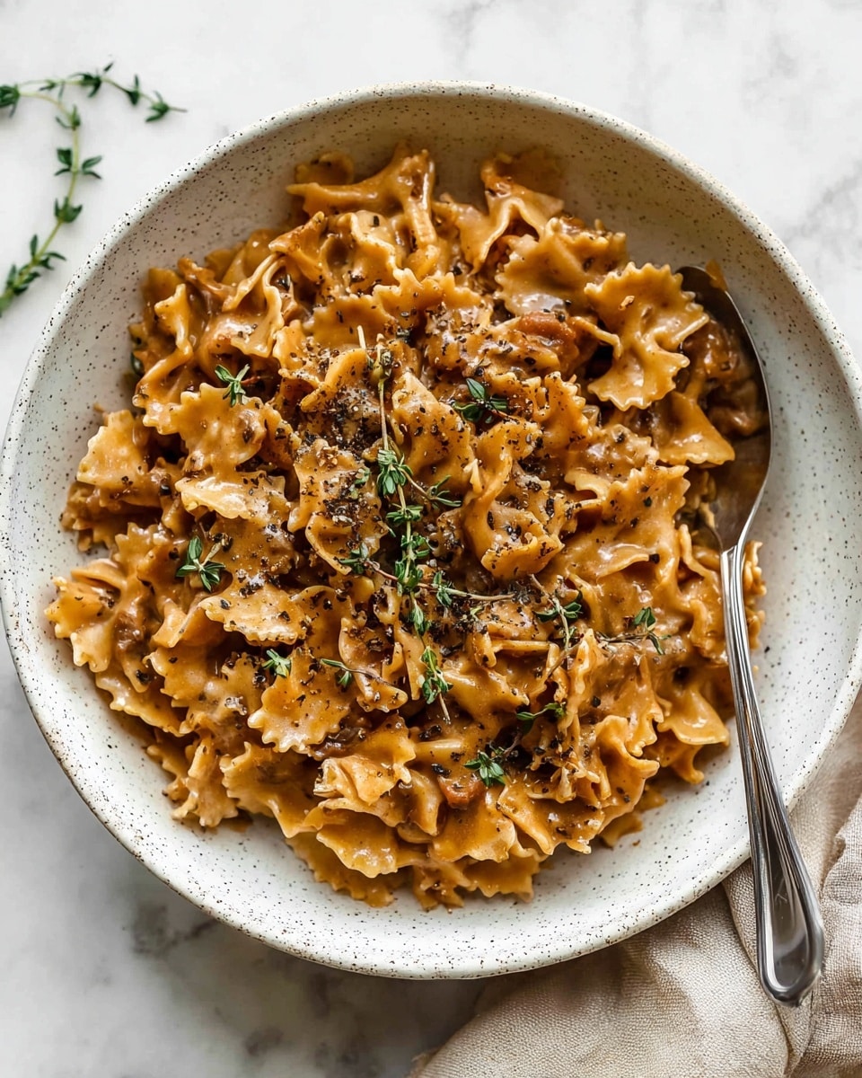 A white speckled bowl filled with three layers of ruffled pasta coated in a creamy brown sauce, topped with fresh green sprigs of thyme and a sprinkle of black pepper. A silver spoon rests inside the bowl, partially covered by the pasta. The bowl sits on a white marbled surface, with a beige cloth napkin peeking in from the bottom right corner. Photo taken with an iphone --ar 4:5 --v 7