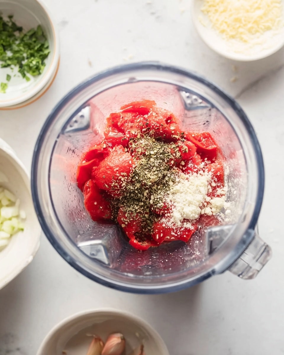 Inside a clear blender jar, there are bright red roasted peppers forming the bottom layer with a slightly wrinkled texture. On top of the peppers, there is a sprinkle of fine white granules and small pieces of minced garlic with a light cream color. Additionally, scattered over the ingredients are greenish dried herbs and freshly cracked black pepper, which add texture and contrast. Around the blender, placed on a white marbled surface, are small white bowls containing finely chopped shallots, green herbs, and a grated cheese with a pale yellow color. Photo taken with an iphone --ar 4:5 --v 7