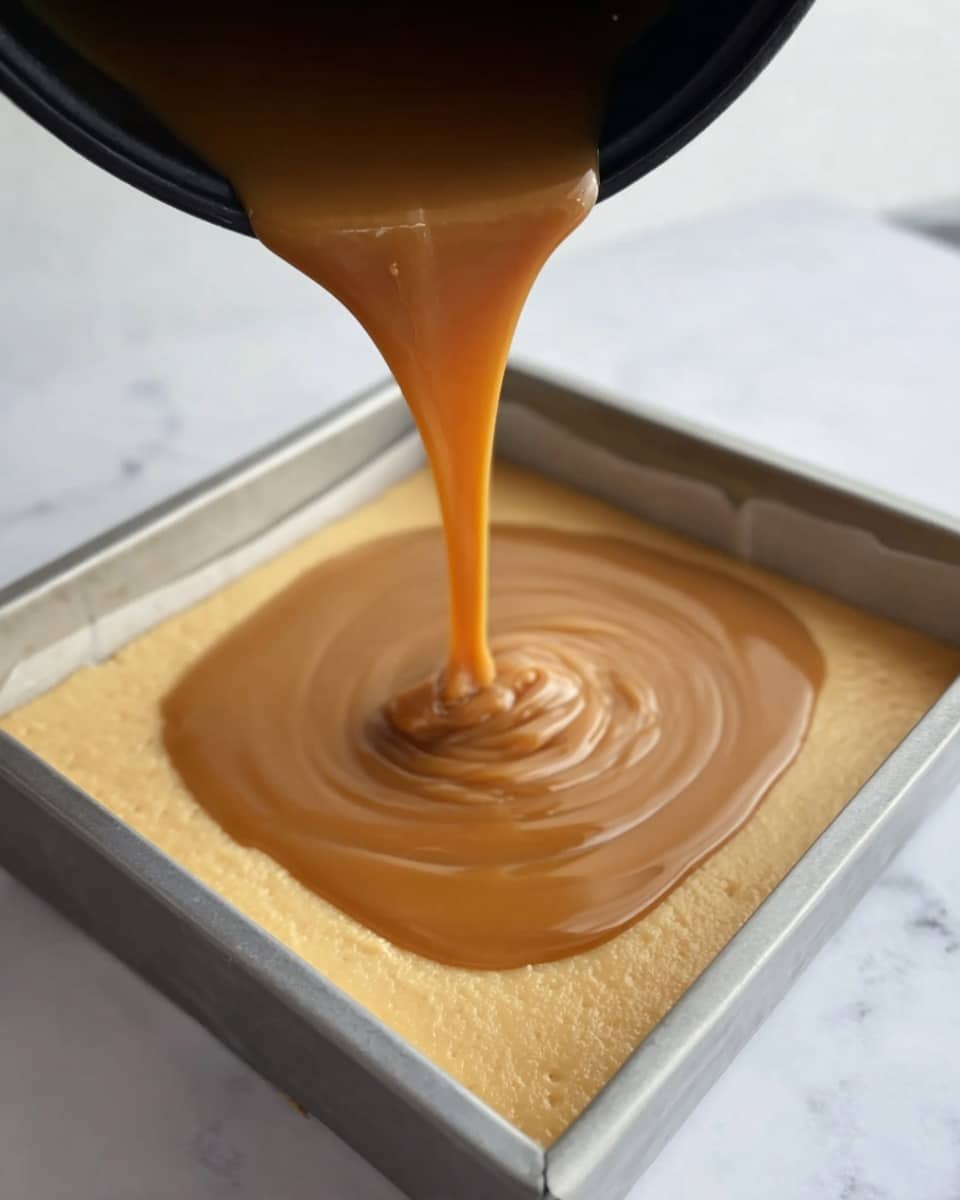 A metal square baking pan contains a light beige, firm base layer evenly spread inside it. Above this base, a smooth, thick caramel-colored liquid is being poured slowly from a black pot, creating a swirling pattern as it settles evenly over the base. The scene is set on a white marbled surface, and the pouring action is focused on the center of the base layer. Photo taken with an iphone --ar 4:5 --v 7